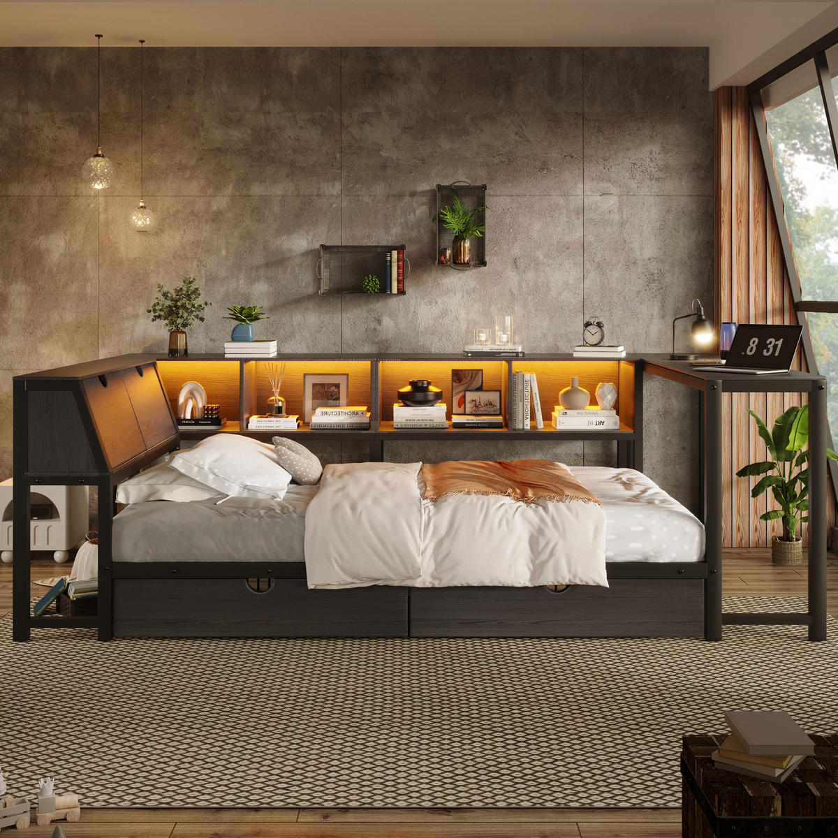 METALLBETT 90x200cm mit Stauraum-Kopfteil, Schwarz - Schwarz, Metall (90/200cm) - KOMHTOM