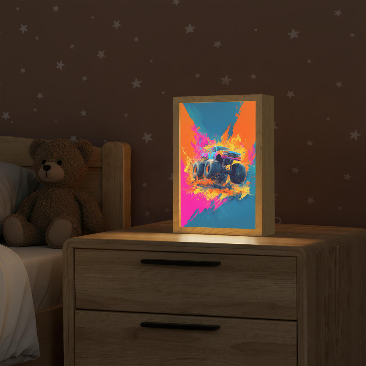 NÁSTĚNNÁ LAMPA Monster truck - Abstraktní - Stříkající barva - Barevné 20x30 cm - růžová, kompozitní dřevo (20/30/8cm) - OnlyWow
