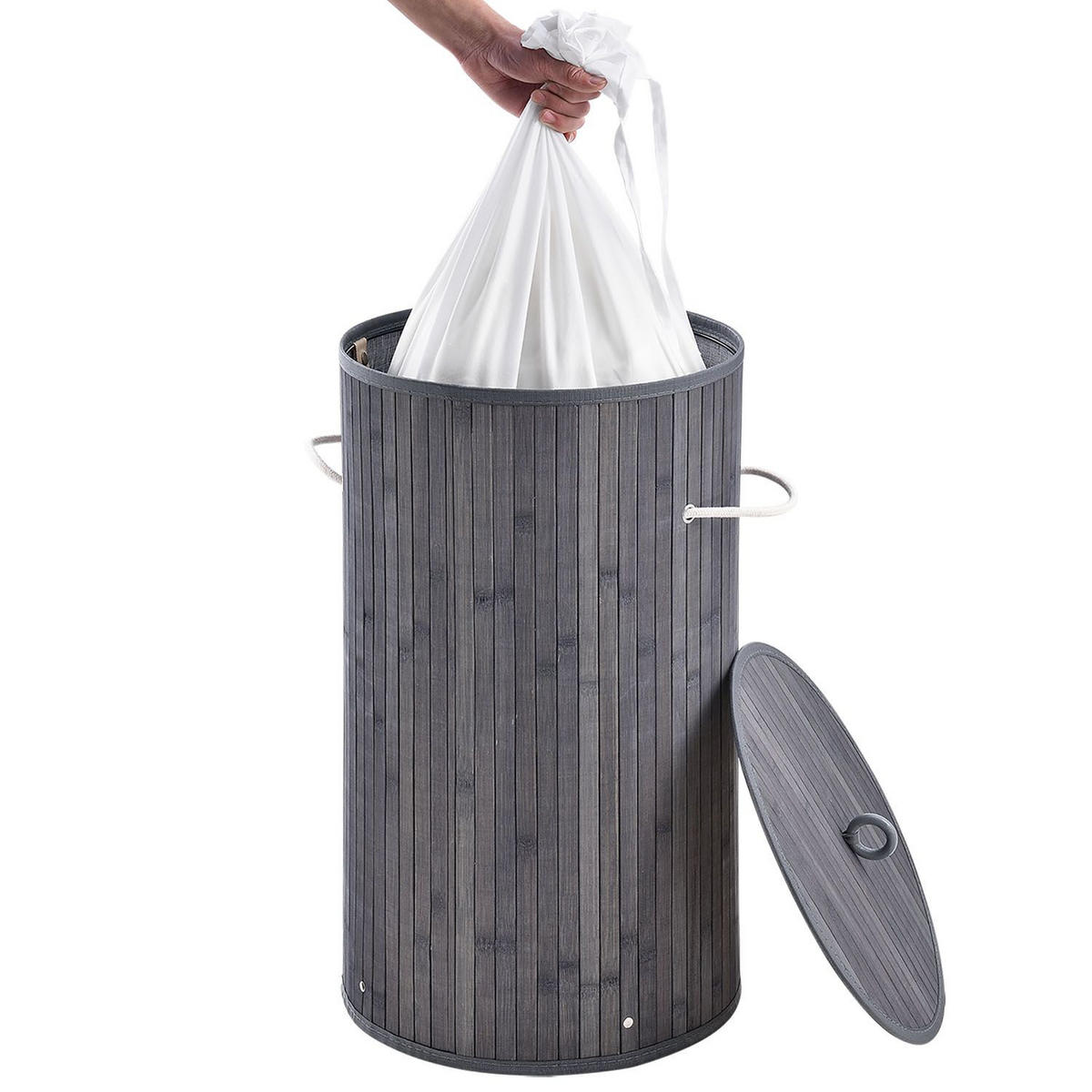 WÄSCHEKORB Curly-Round 55 L grau - Grau, Holz (35/60/35cm) - Juskys