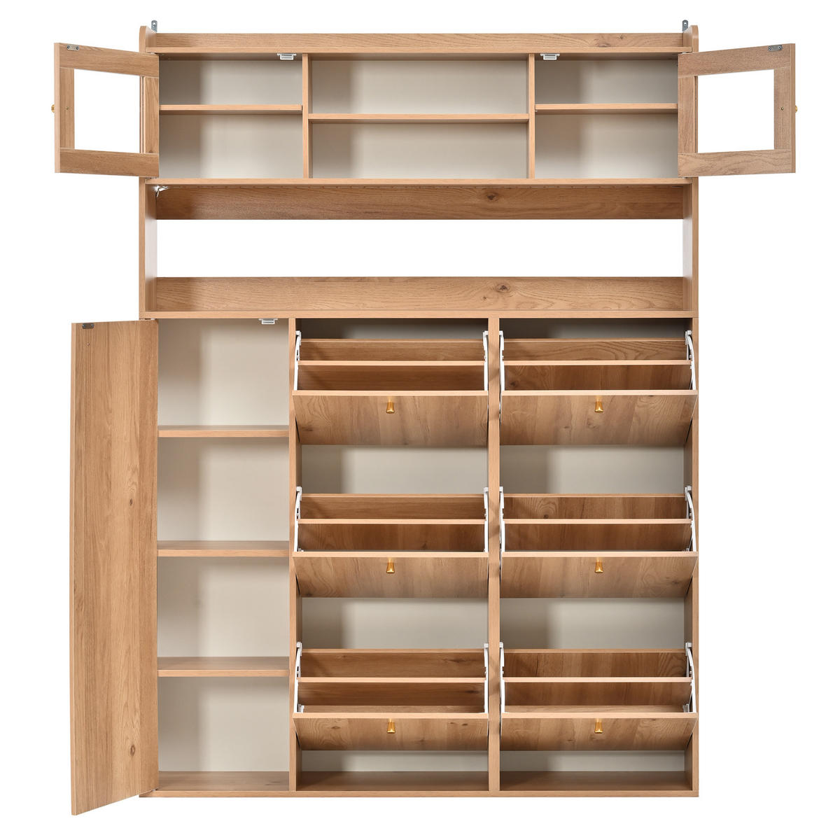 SCHUHSCHRANK 130x25x180cm mit Glas, LED und 6 Klappen - Naturfarben, Holzwerkstoff (130/180/25cm) - FLIEKS