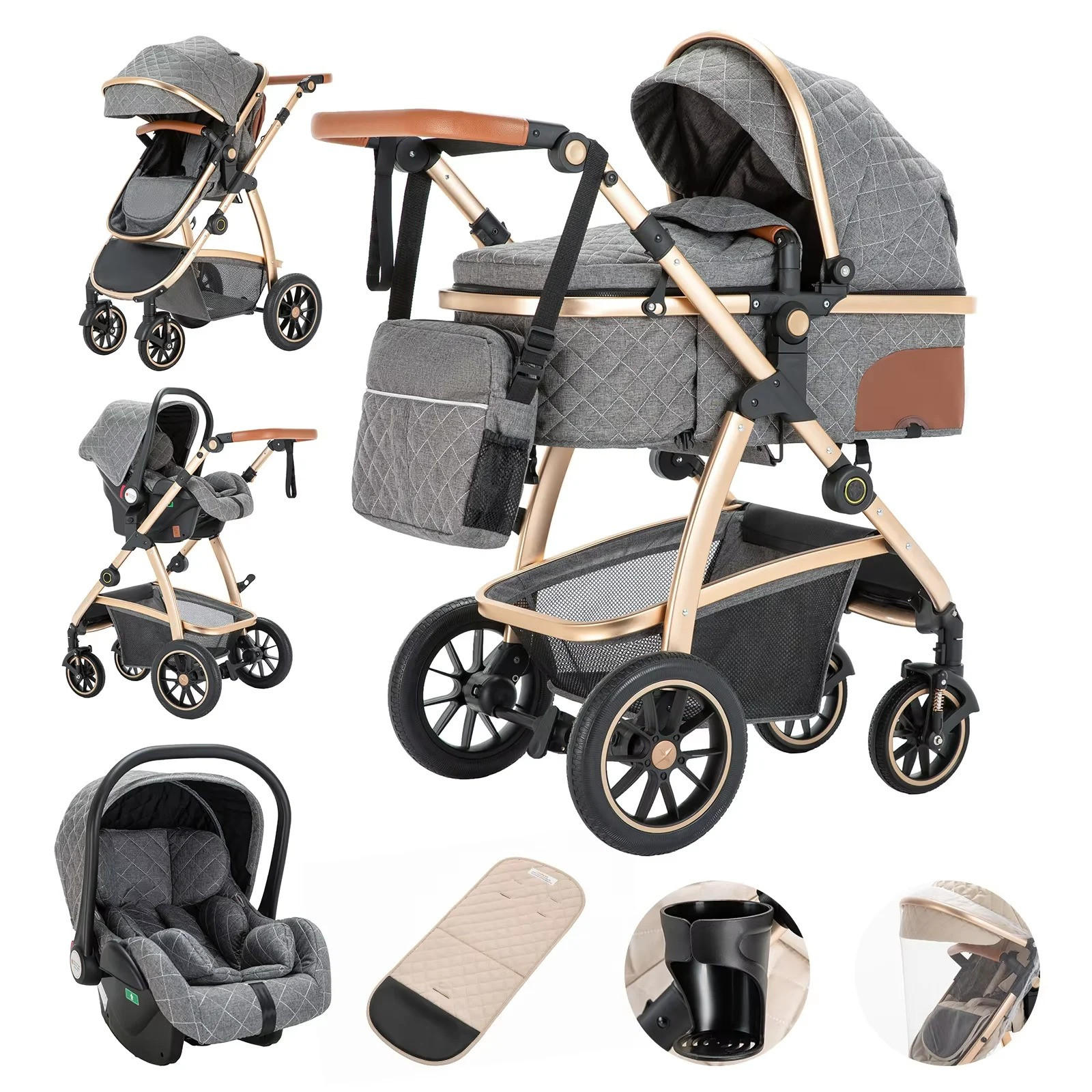 KINDERWAGENSET mit hoher Landschaft, verstellbarer Griff, Moskitonetz, Kinderwagen, Aluminiumrahmen, SK20-GRAU - Grau, Metall (80/60cm) - Kaket