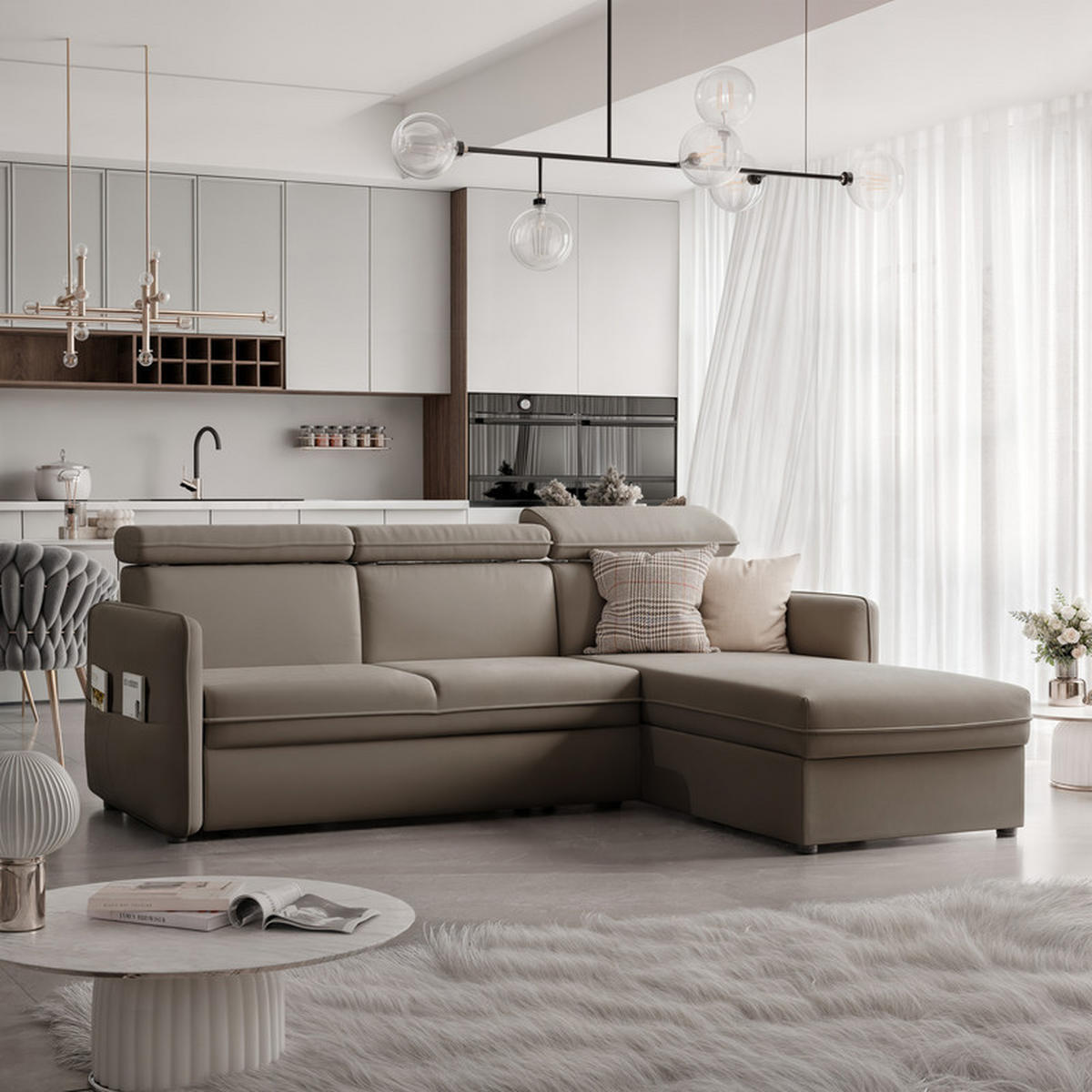 ECKSOFA BENI mit Schlaffunktion und Bettkasten, Stoff Dunkelbeige - Sandfarben, Kunststoff/Textil (220/160cm) - Idohome
