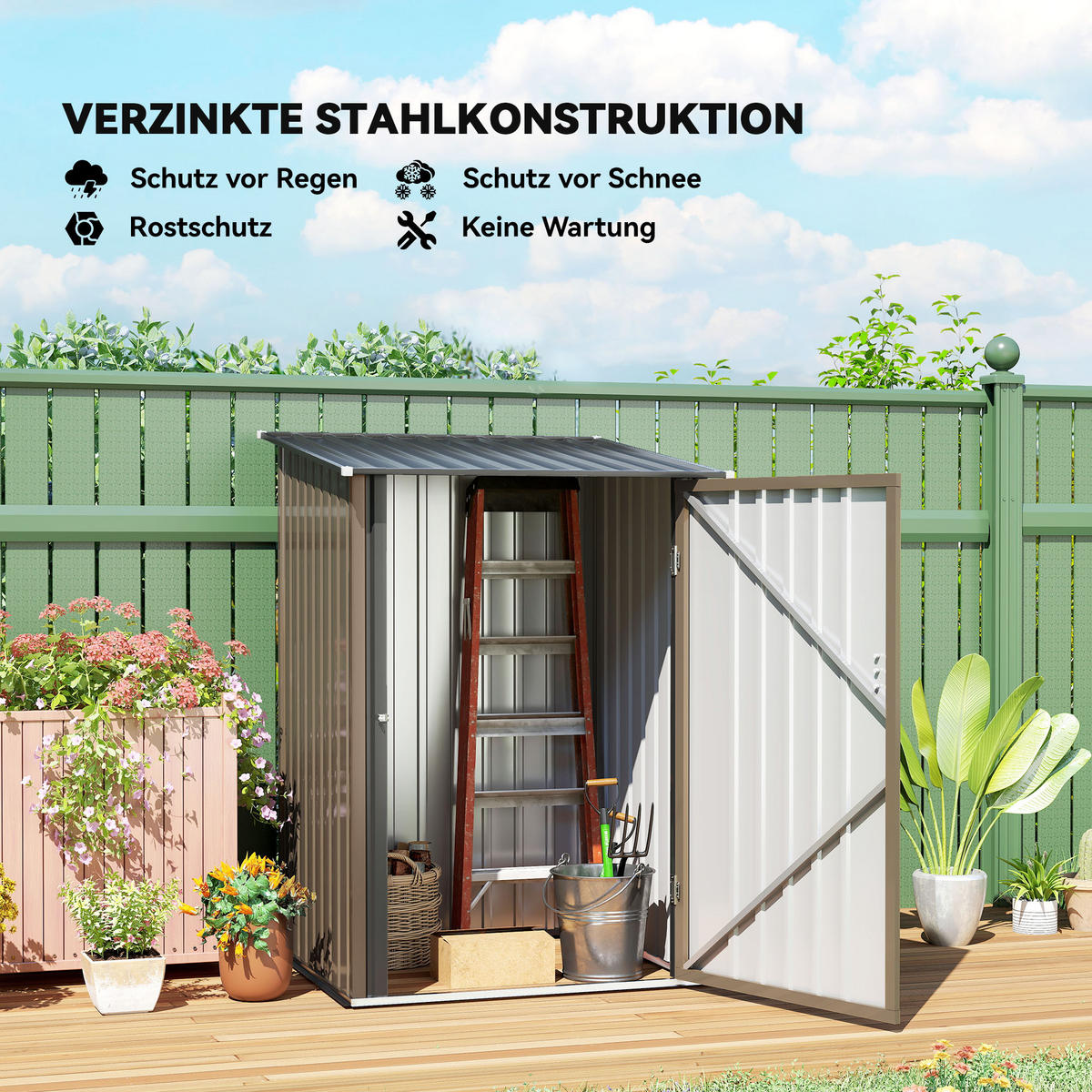 GERÄTEHAUS aus Stahl, 0,92 m² Geräteschuppen mit Pultdach für Balkon Braun - Braun, Metall (103/160/100cm) - Outsunny