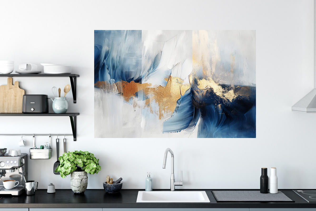 WANDTATTOO Gold - Blau - Aquarell - Kunst - Modern 120x80 cm - Hellblau, Kunststoff (120/80/0.1cm) - MuchoWow