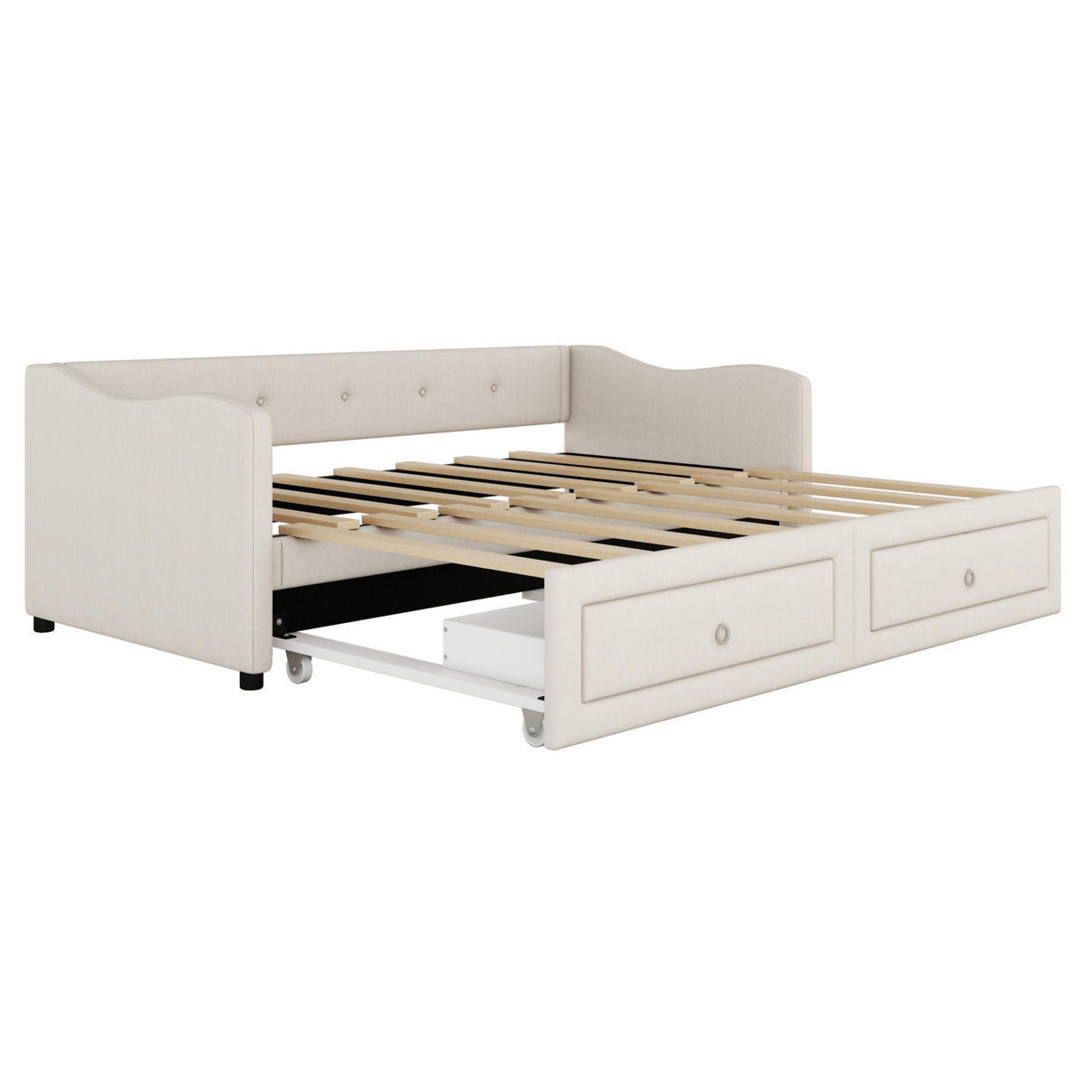 TAGESBETT 90/200 cm mit ausziehbarem Rollbett, 2 Schubladen und Leinenbezug, Beige - Beige, Textil (90/200cm) - Redom