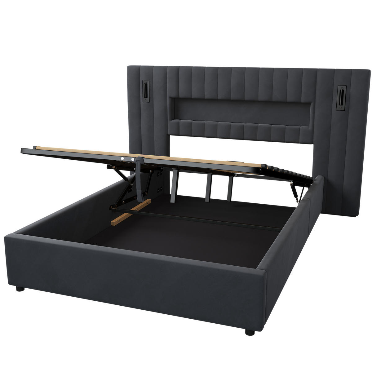 ČALOUNĚNÁ postel 140/200 cm tmavě šedá ze sametu s hydraulickým úložným prostorem, LED čtecími lampami a USB konektory - tmavě šedá, textil (140/200cm) - OKWISH
