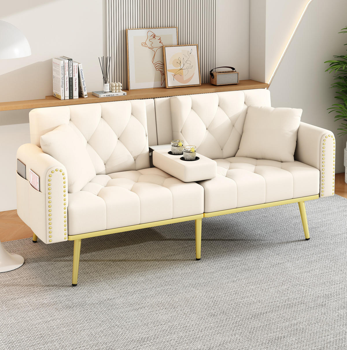 SCHLAFSOFA Samt mit verstellbarer Rückenlehne und Getränkehalter Beige 175/80/73,5 cm - Beige, Textil (73.5/175/80cm) - Redom
