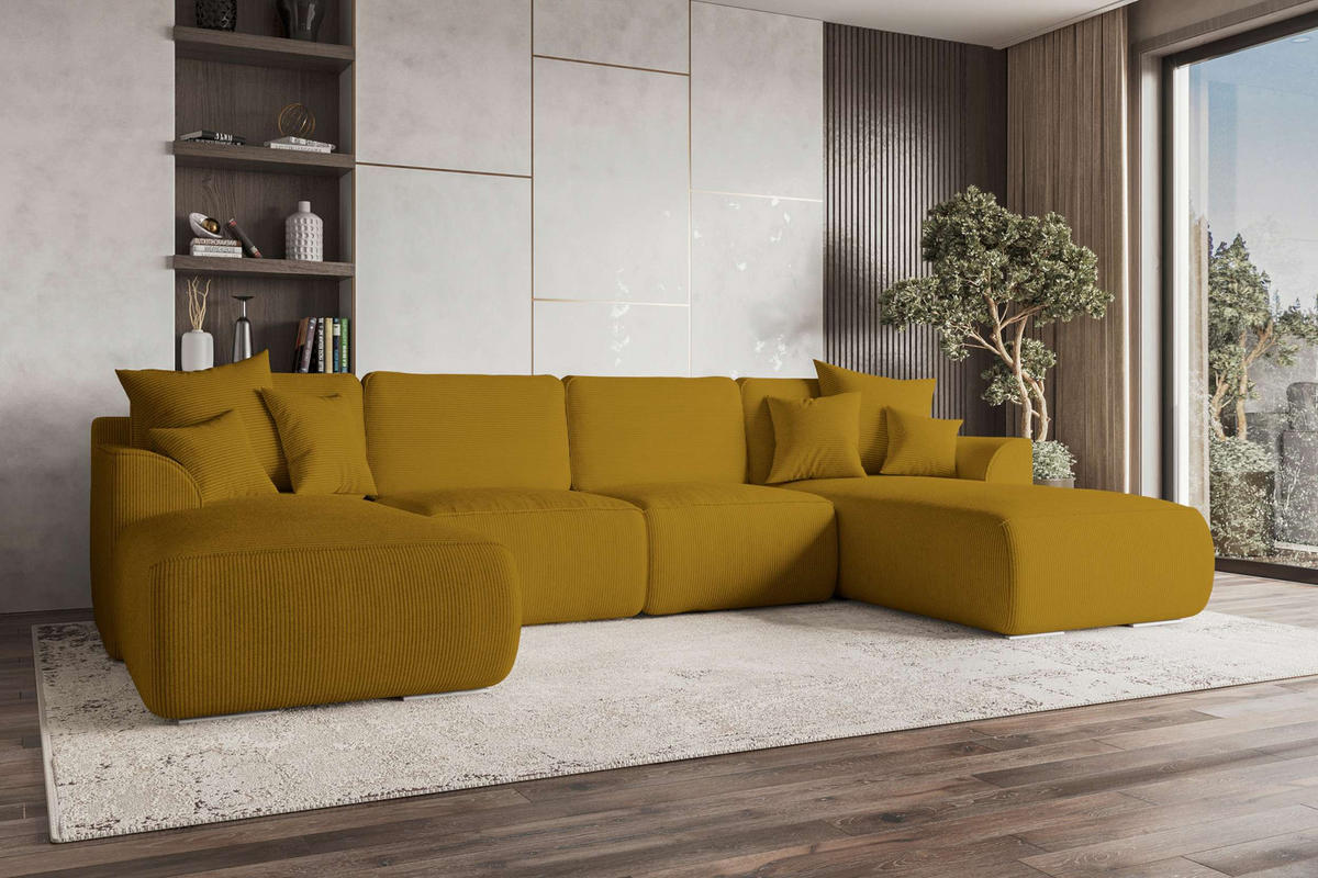 WOHNLANDSCHAFT GUSTO Cordstoff Goldfarben inkl. Schlaffunktion - Chromfarben/Goldfarben, Kunststoff/Textil (306/96/194cm) - 99rooms