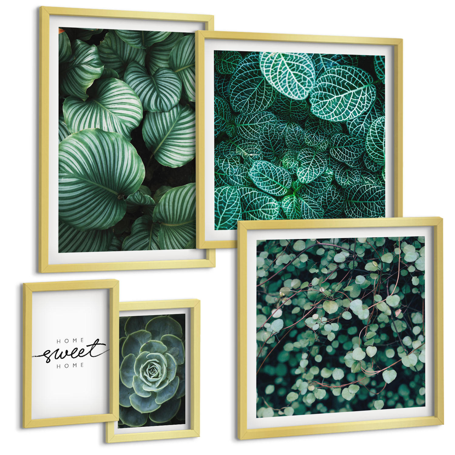 BILDER SET 5er Set - 50x50 cm & 20x30 cm & 40x60 cm Goldrahmen - Wellen, Sand, Wasser, Steine, Strand - Goldfarben, Kunststoff (40/60cm) - TULUP