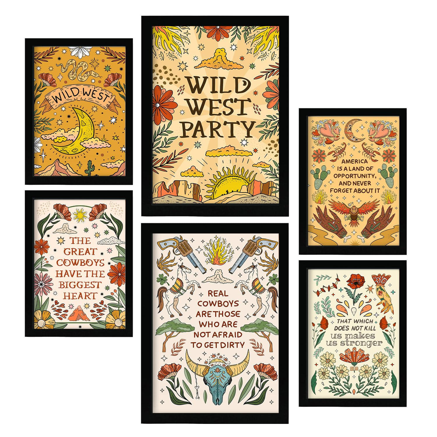 POSTER Set Mit 6 Wundervoller Wildwest-Ästhetische Dekorative Gemälde Für Ihr Wohnzimmer Oder Zuhause Wandkunstdruck A3 & A4 Schwarzer Rahmen - Schwarz, Papier (29/3cm) - Nacnic