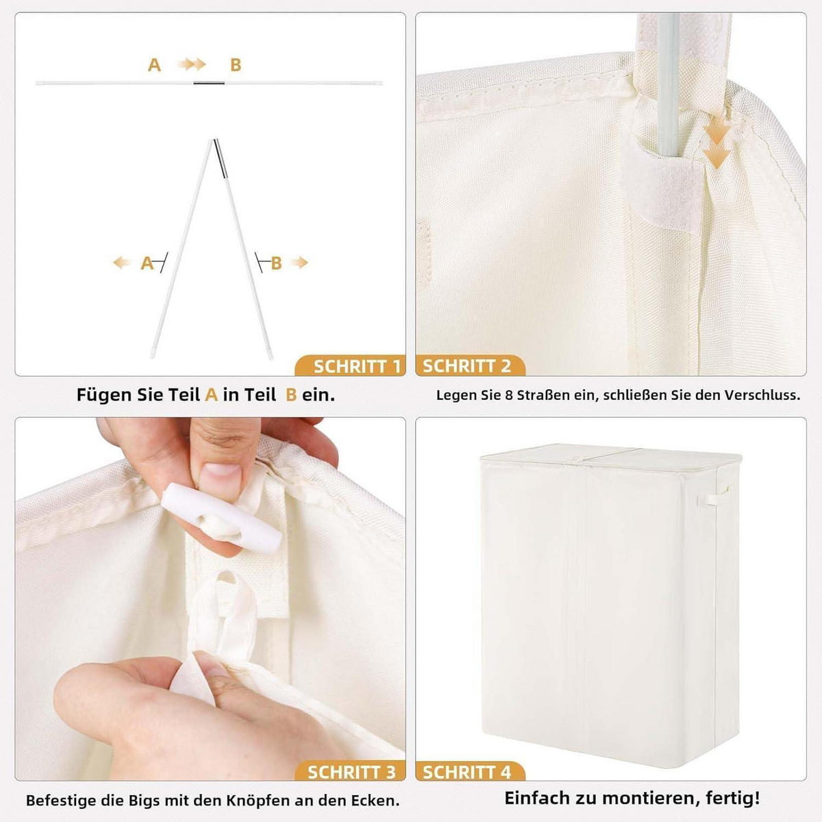 WÄSCHEKORB mit Deckel 160L 3 Fächer Beige - Weiß, Textil (39/69/59cm)