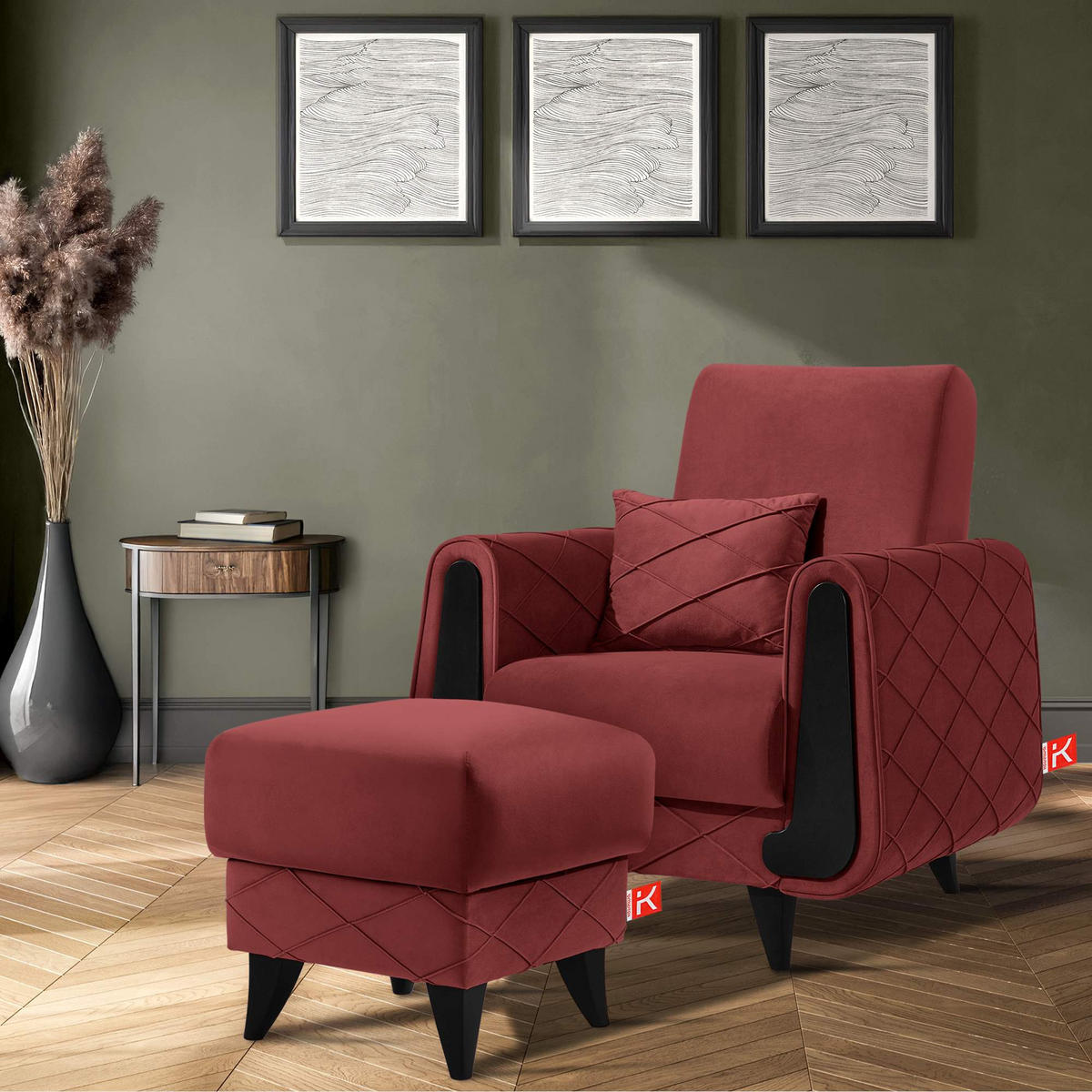 HOCKER GUSTAVO III Fußstütze, Velours, Bordeaux - Bordeaux, Holz/Holzwerkstoff (53/49/53cm) - KONSIMO®