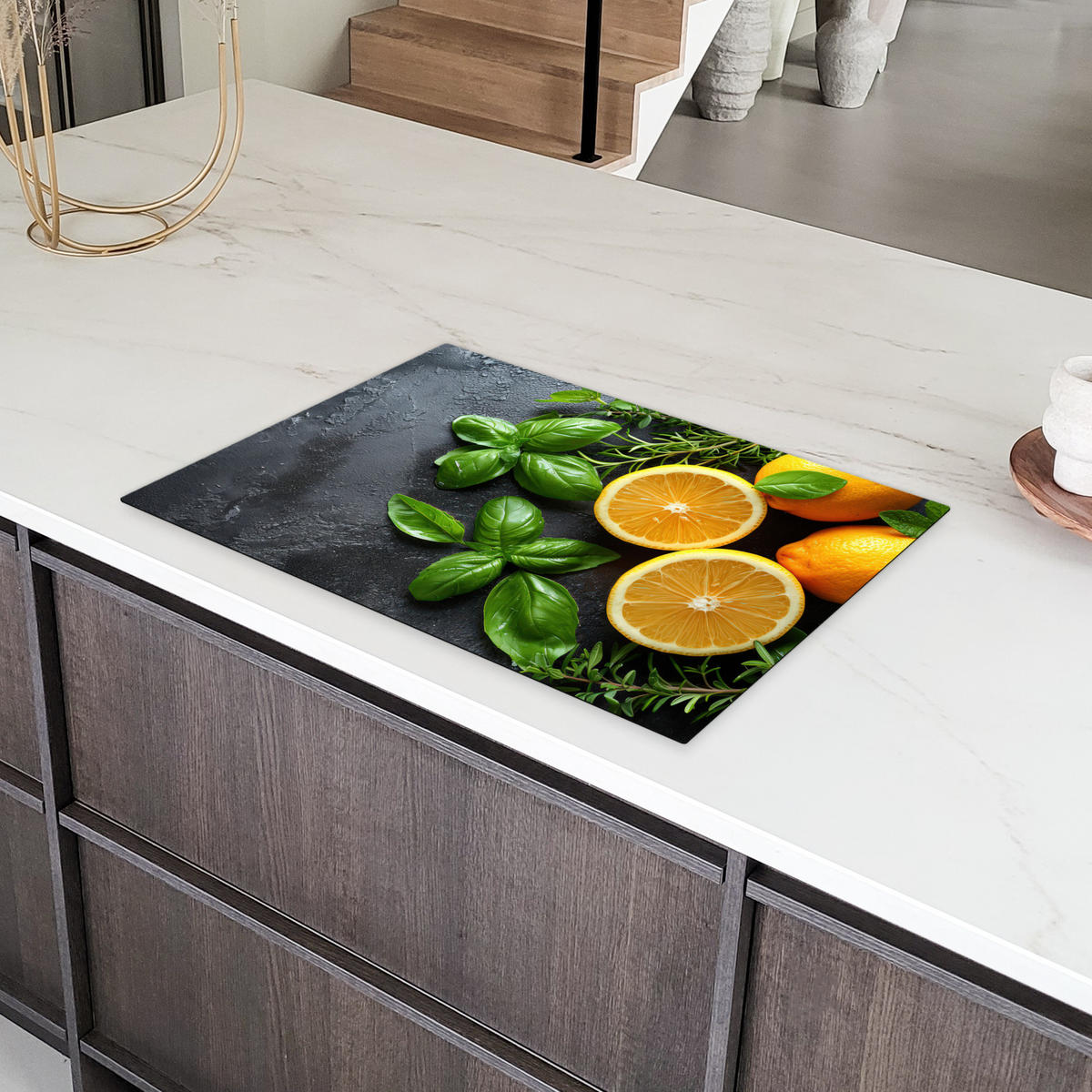 HERDABDECKPLATTE Obst - Grau - Konkret - Orange - Pflanzen Induktionsmatte 77x51 cm - Anthrazit, Kunststoff (77/51/0.2cm) - MuchoWow