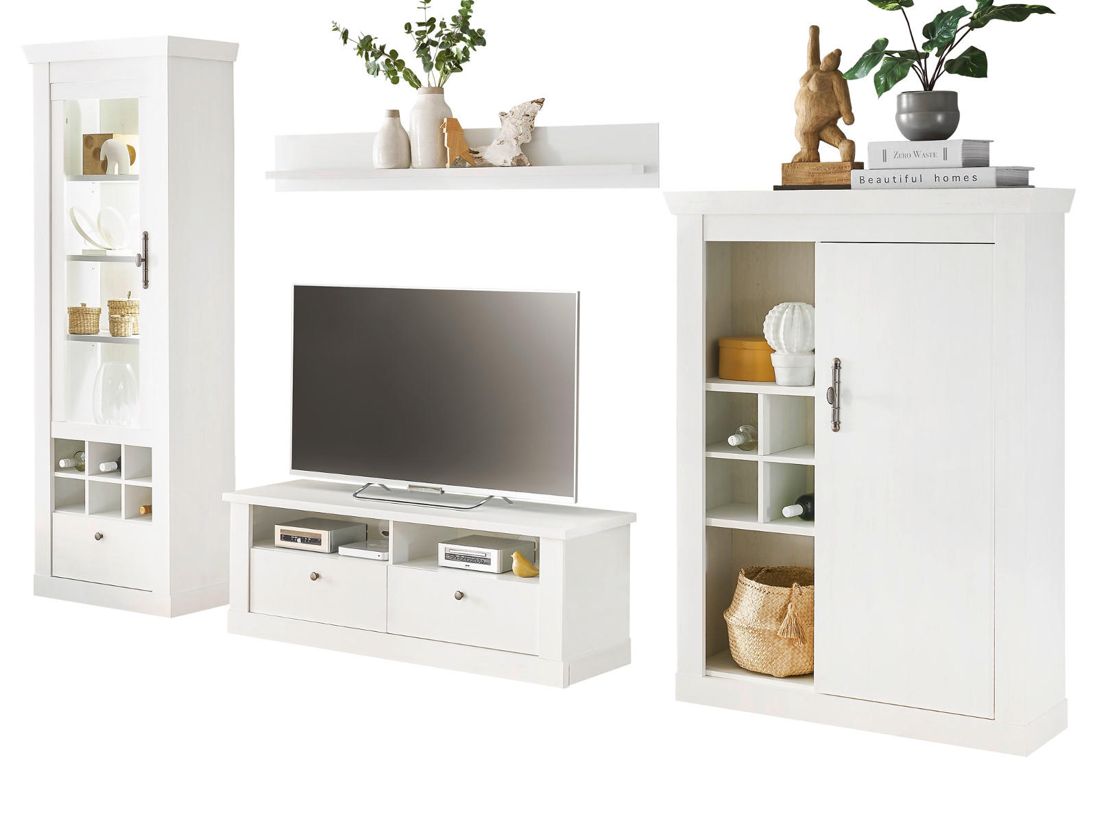 WOHNWAND weiß Pinie Landhaus, Wohnkombination 4-teilig, Soft-Close-Funktion - Weiß, Holzwerkstoff/Kunststoff (334/201/45cm) - Furn.Design