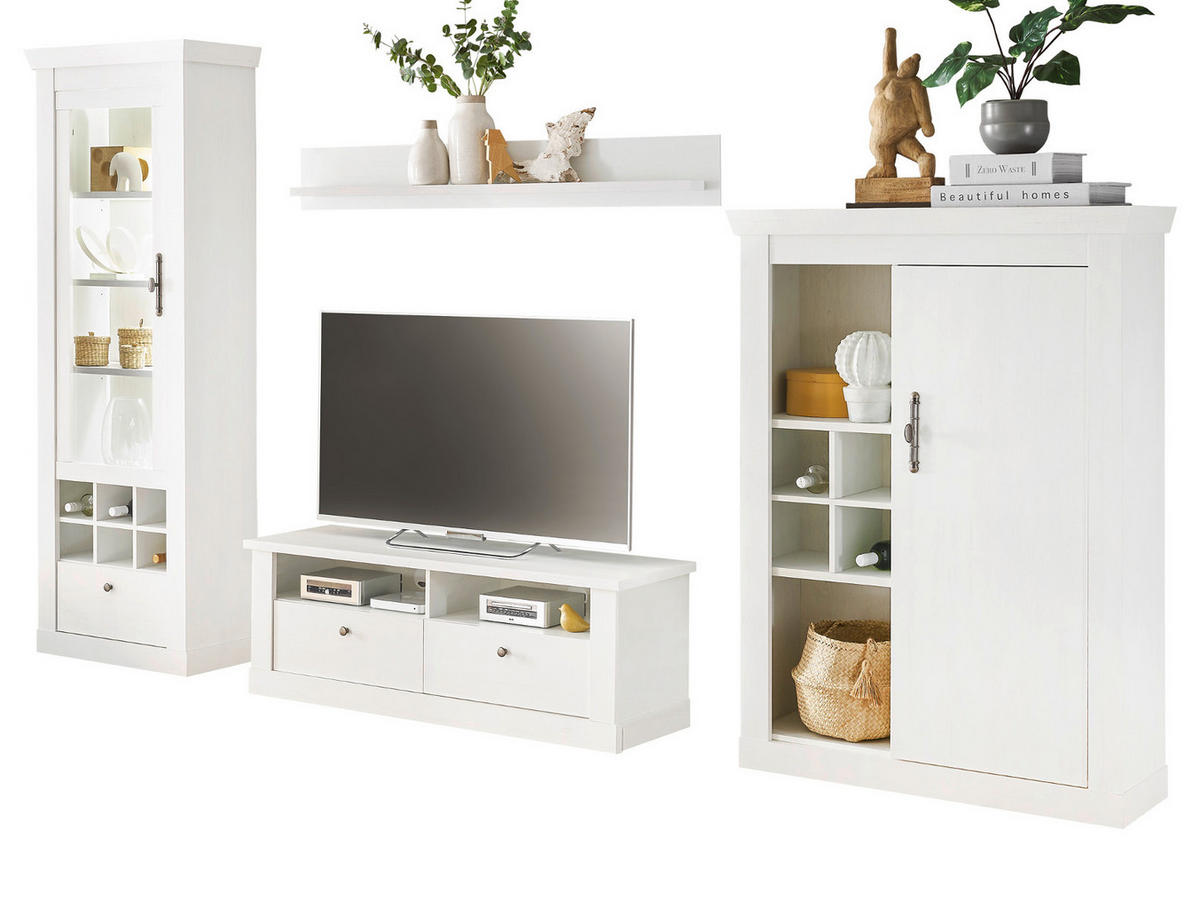 WOHNWAND weiß Pinie Landhaus, Set 4-teilig mit Soft-Close und Beleuchtung - Weiß, Holzwerkstoff/Kunststoff (334/201/45cm) - Furn.Design