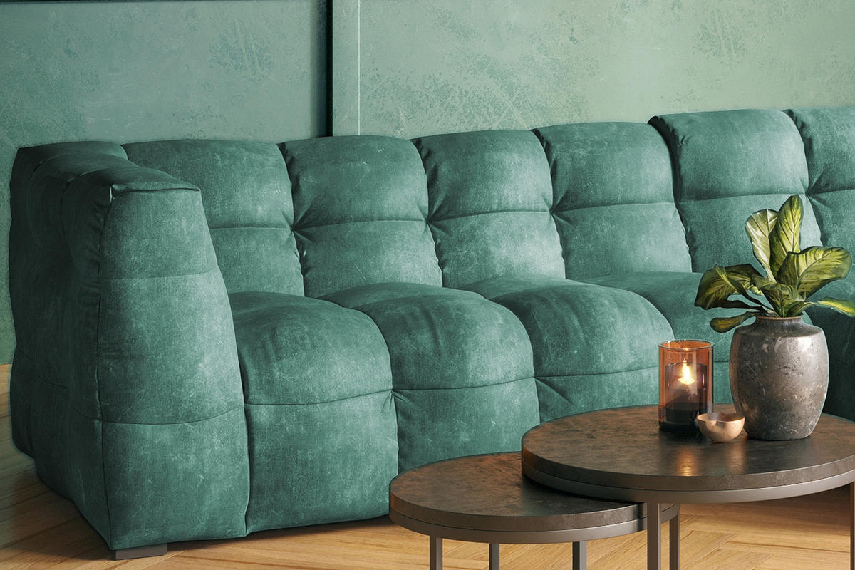 ECKSOFA RIO Petrol Velvet - Petrol/Schwarz, Textil (319/170cm) - KAWOLA