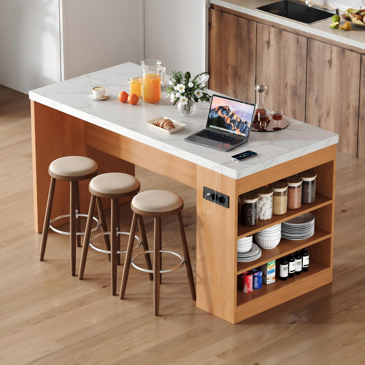KÜCHENINSEL 90 cm MDF Natur Weiß mit LED-Beleuchtung und USB-Steckdose - Weiß, Holzwerkstoff (80/90/155cm) - Korfee