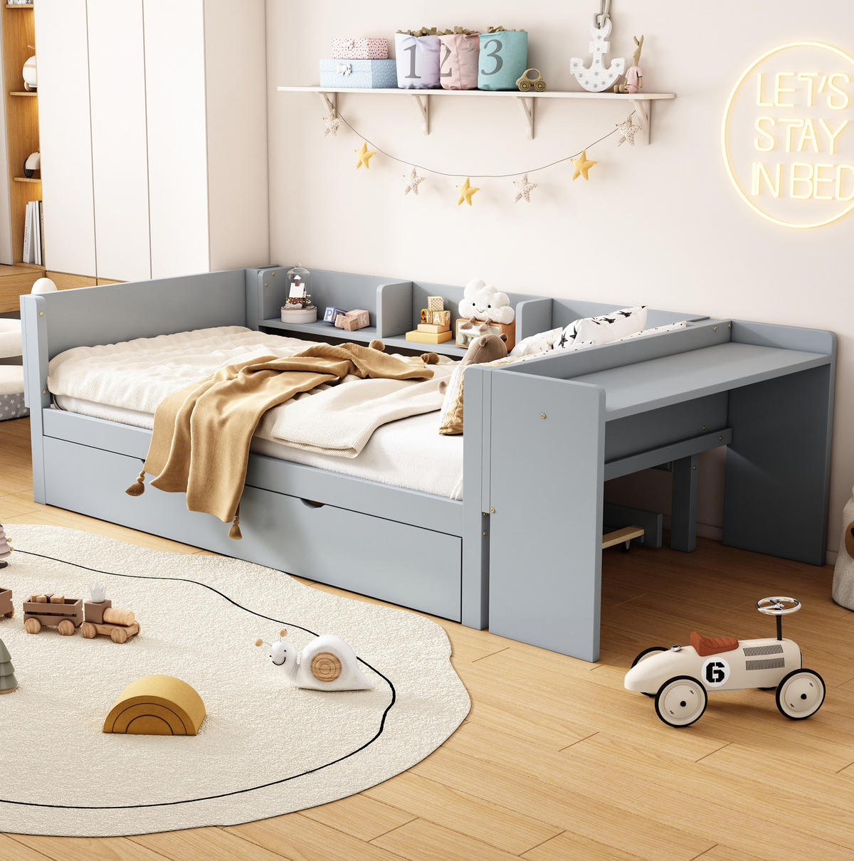 KINDERBETT 90/200 cm aus Kiefer und MDF mit Ausziehbett, Schreibtisch und 3 Regalfächern Grau - Grau, Holz (90/200cm) - Modenvie