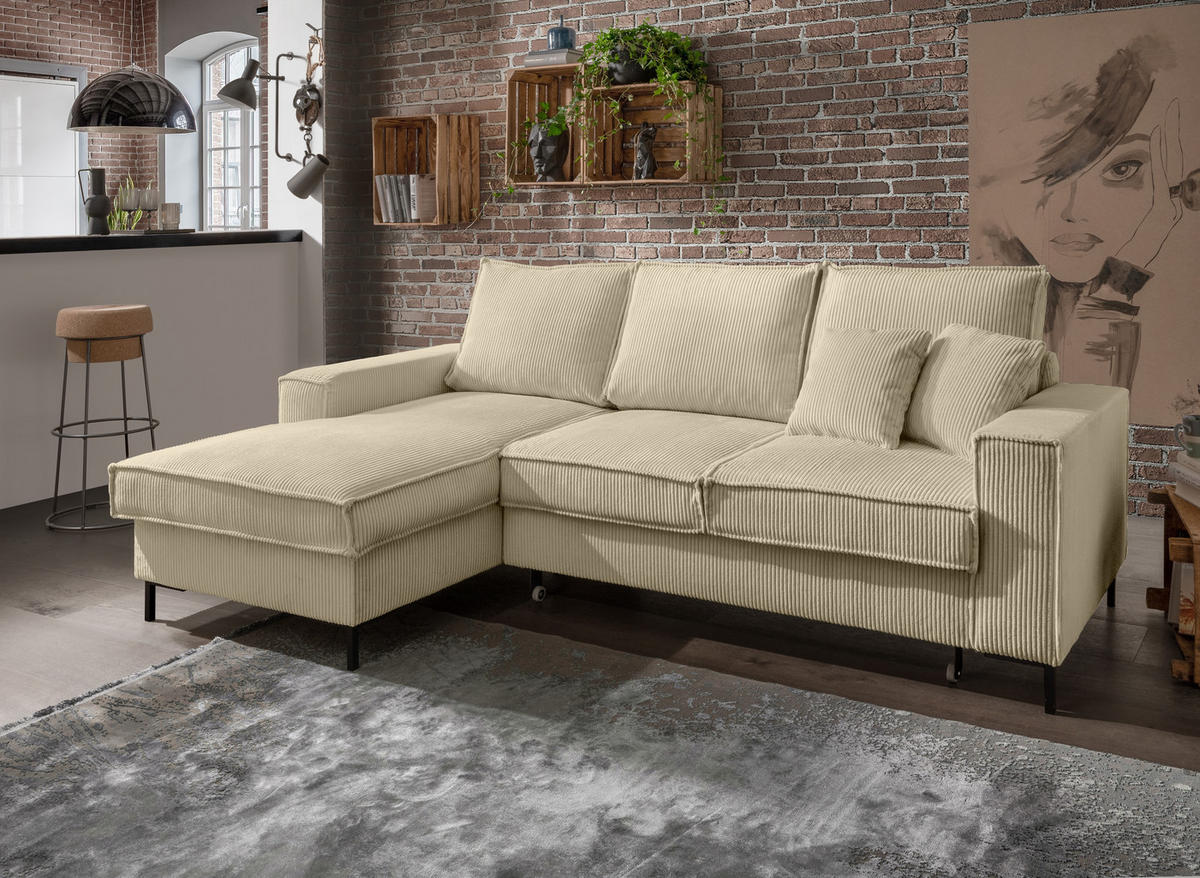 ECKSOFA mit Schlaffunktion, Bettkasten, Wellenunterfederung, Récamiere links B240/T150/H92 cm, Liegefl. 125x198 cm, Cord Beige Grau / 17223 - Greige/Beige, Textil/Metall (240/150cm) - luma-home