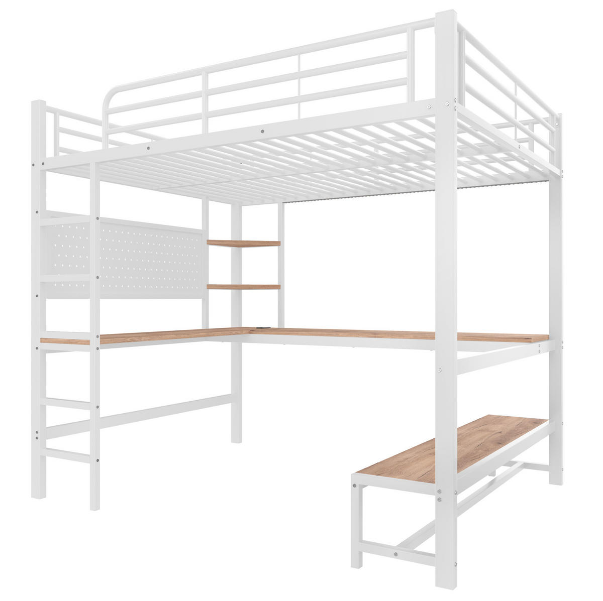 HOCHBETT 140/200 cm in Weiß mit Schreibtisch, Regalen und LED - Weiß, Metall (140/200cm) - BEAOK