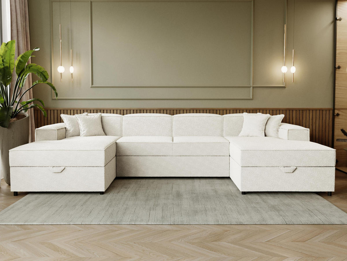 WOHNLANDSCHAFT Santos U Boucle - Creme/Schwarz, Holzwerkstoff/Kunststoff (320/79/166cm) - MIRJAN24