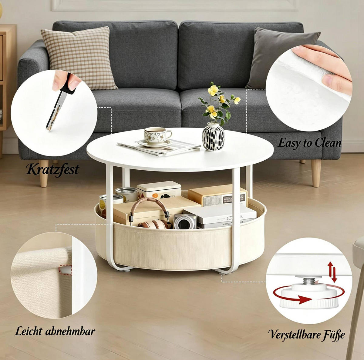 COUCHTISCH aus Metall und Spanplatte 80x80x50 cm Beige/Weiß mit Canvas-Korb - Beige, Textil (80/80/50cm) - IVMEU