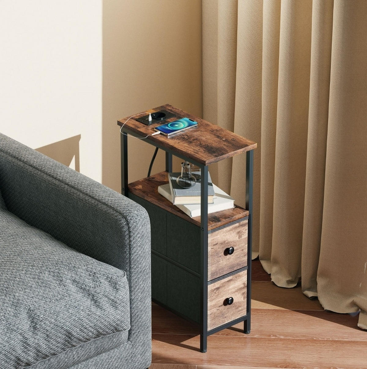 BEISTELLTISCH 20/40/63 cm in Rustikal-Braun mit Ladestation und 2 Stoffschubladen - Braun, Holz (40/20/63cm) - Flora Grace