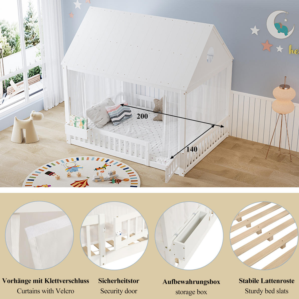 HAUSBETT 140/200 cm Weiß aus Kiefer, MDF und Sperrholz mit Vorhängeschirmen und Stauraumfach - Weiß, Holz (140/200cm) - OKMYHOME