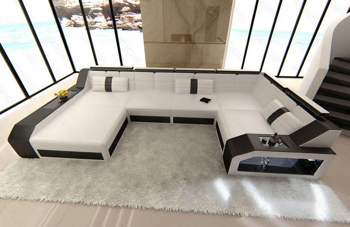 WOHNLANDSCHAFT Arezzo U - Schwarz/Weiß, Leder (380/86/197cm) - Sofa Dreams