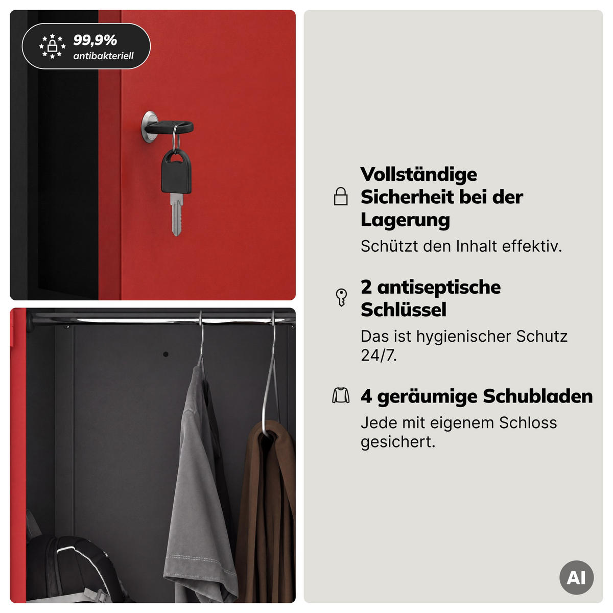 KLEIDERSCHRANK JULIA 185x80x45 cm - Anthrazit/Rot, Metall (80/185/45cm) - Jan Nowak