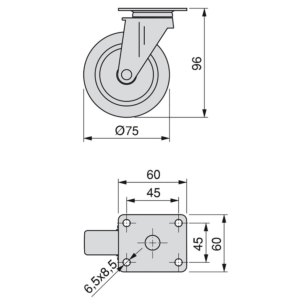 ROLLEN Slip mit Montageplatte, Durchmesser 75mm, Stahl und Kunststoff, Grau 4er-set - Grau, Metall (35/6/25cm) - EMUCA