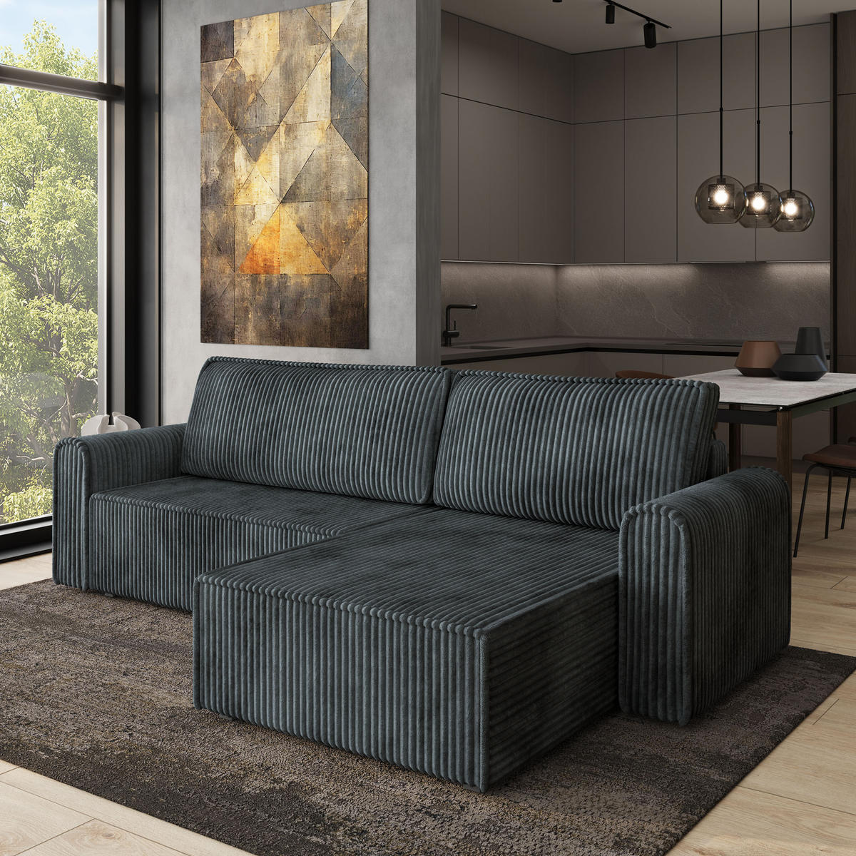 ECKSOFA VALTINO Grau Kordstoff mit Schlaffunktion - Grau, Holz (275/148cm) - MASSENO