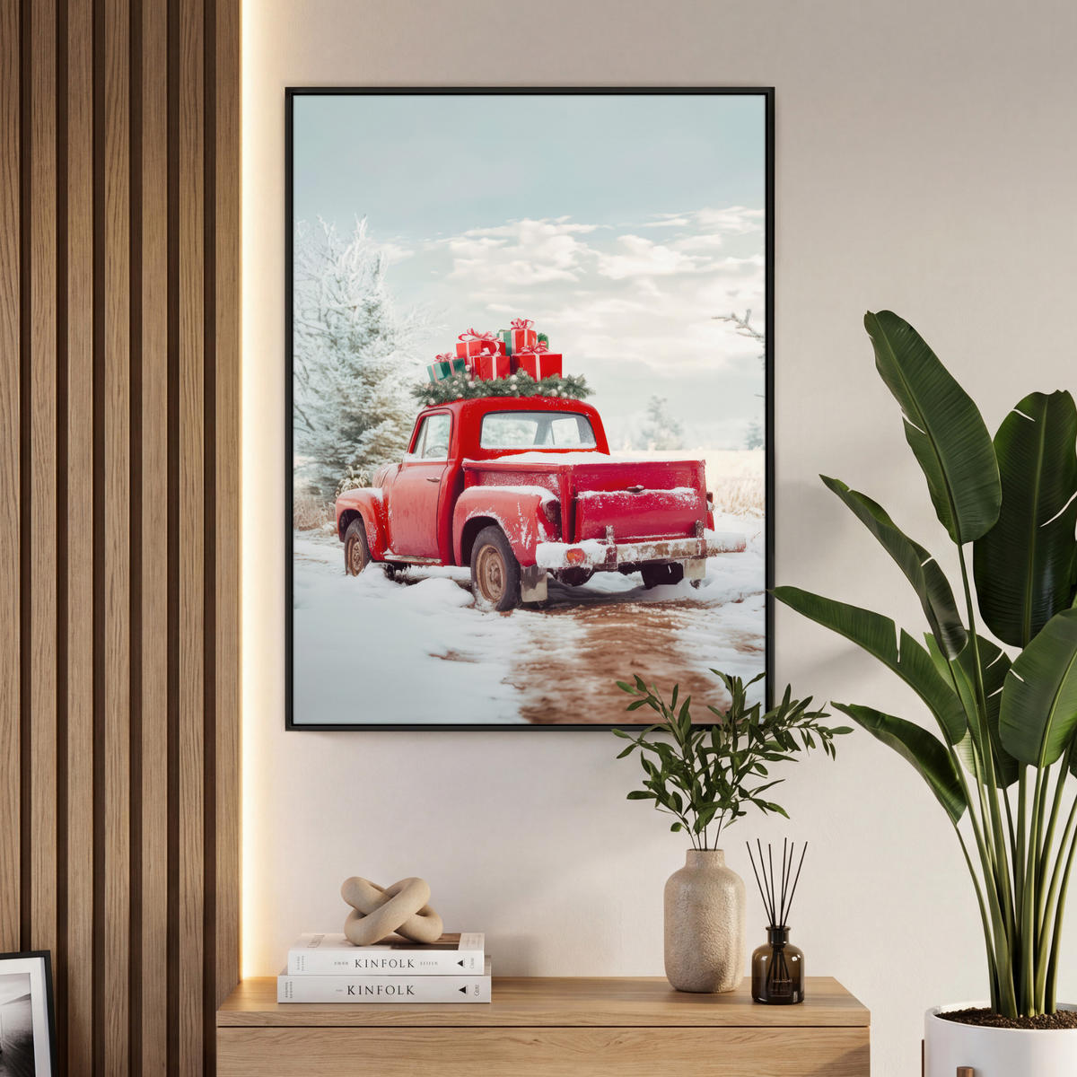 LEINWAND Bilder mit Rahmen - Auto - Rot - Geschenke - Winter - Schnee - Weihnachten - 70x100 - Rot, Textil (70/100cm) - MuchoWow