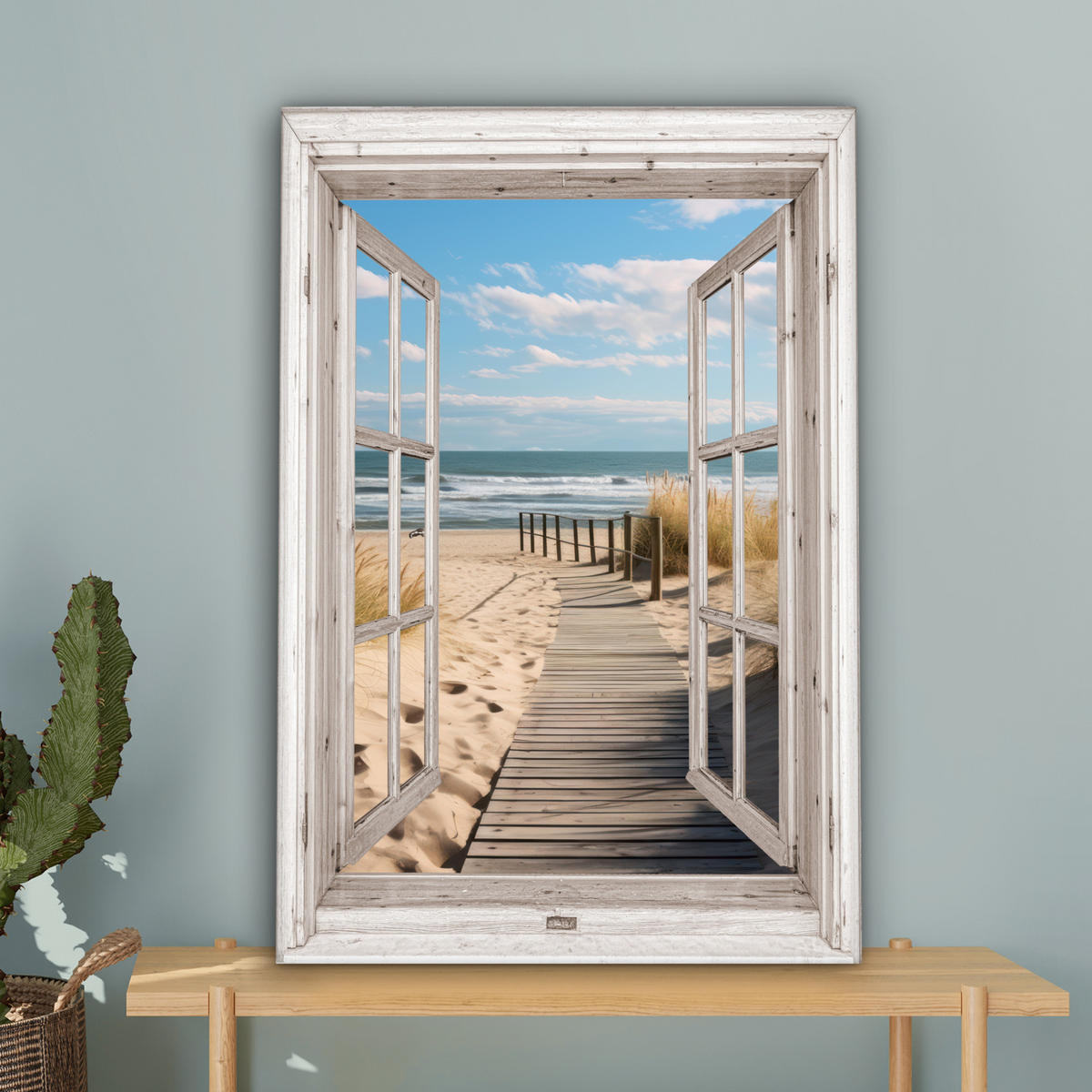 LEINWANDBILD Fenster - Meer - Küste - Natur - Ausblick - Strand - Wattenmeer Wanddeko 40x60 cm - Beige, Textil (40/60cm) - MuchoWow