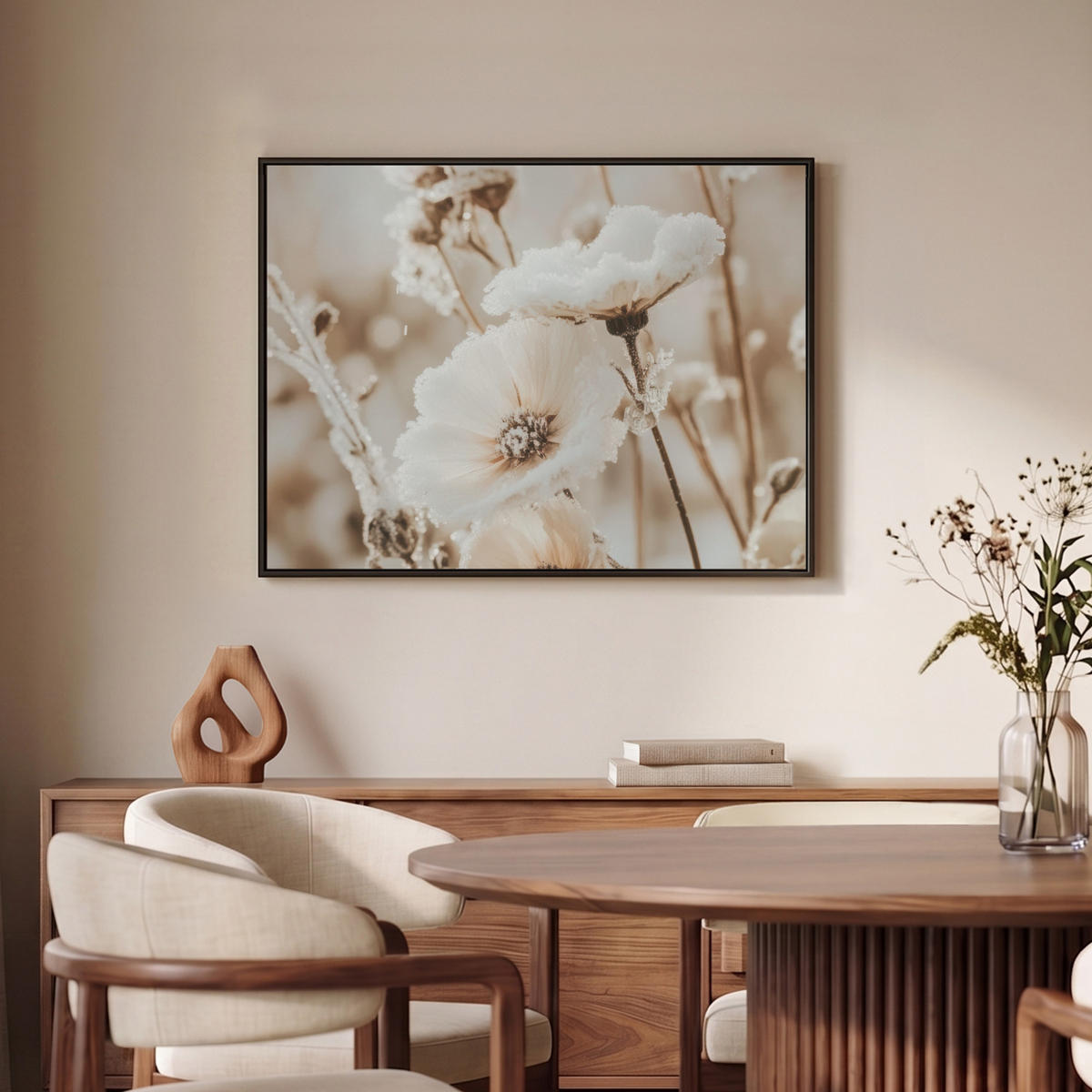 LEINWAND Bilder mit Rahmen - Blumen - Winter - Weiß - Schnee - Beige - 80x60 - Creme, Textil (80/60cm) - MuchoWow