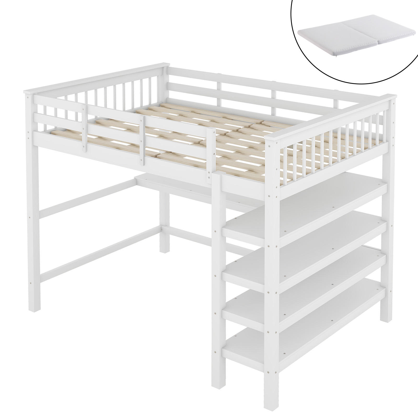 HOCHBETT 140/200 cm weiß mit Ablagefächern und Unterbettschreibtisch mit Matratze - Weiß, Holzwerkstoff (140/200cm) - OKWISH