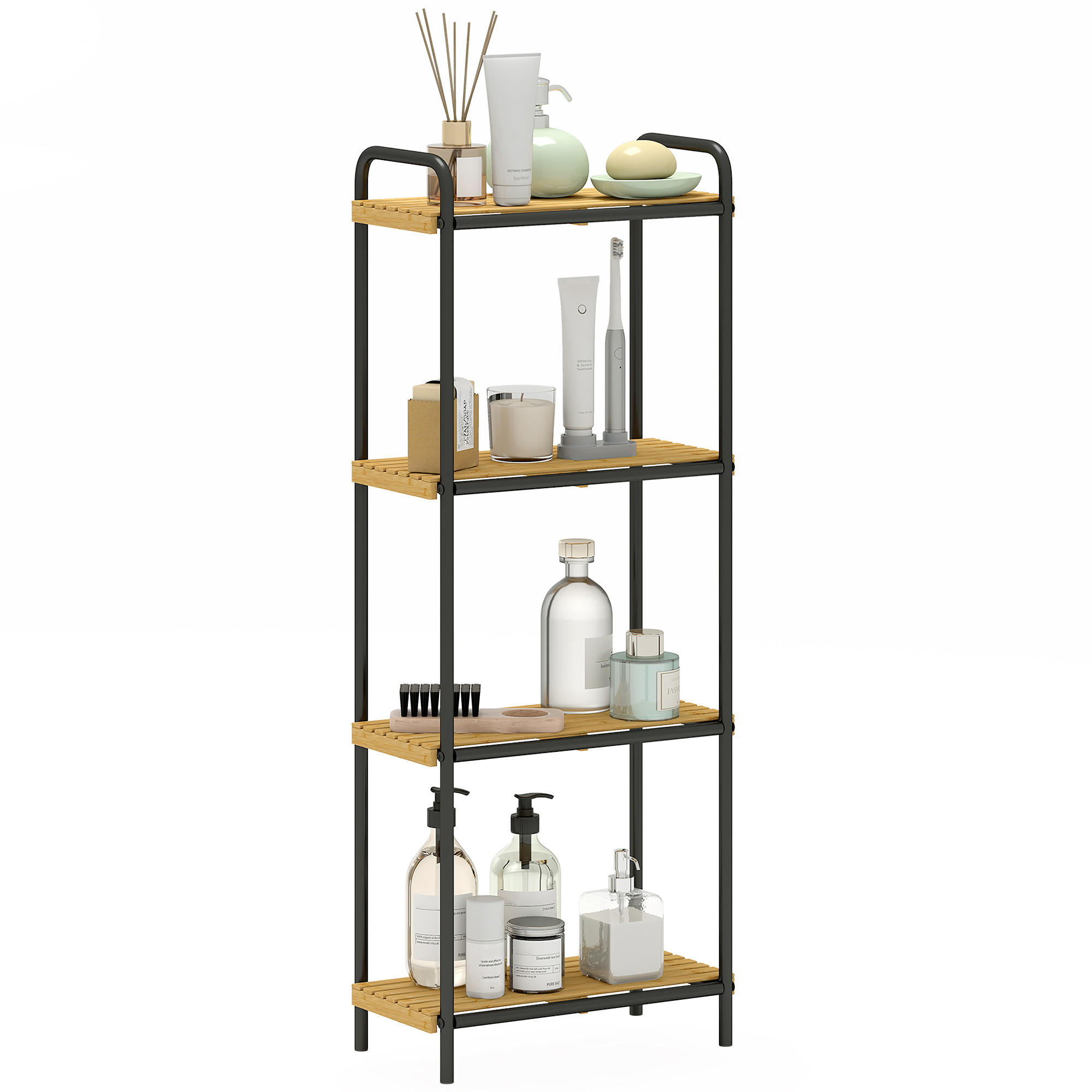 BADEZIMMERREGAL DE-17341 4 Ebenen, schmal aus Bambus & Stahl Natur - Schwarz, Naturmaterialien (21.5/106/41.5cm) - ComfortXL