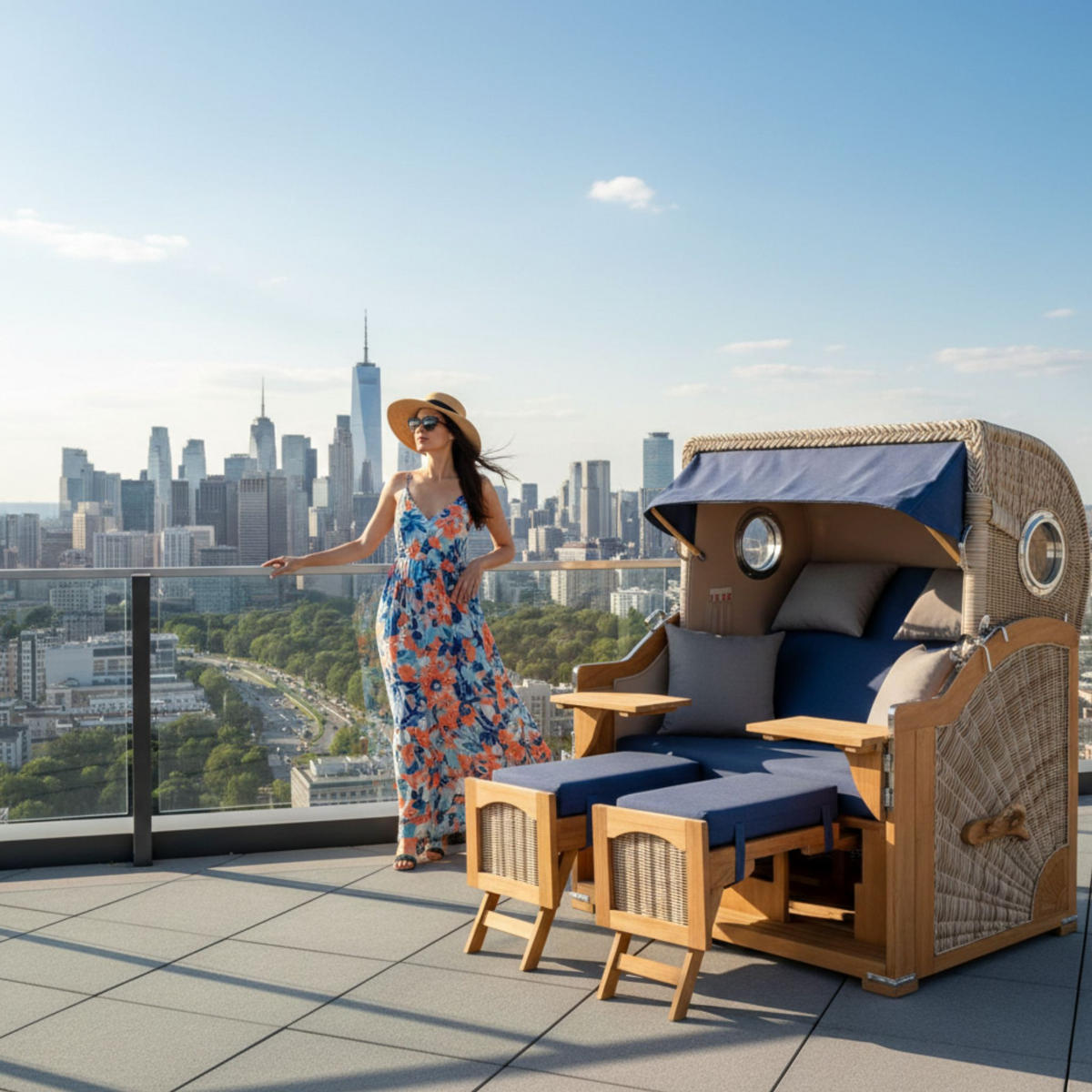 STRANDKORB XXL Düne Grande Teak PE Shell - Blau/Braun, Metall (142/170/95cm) - Mr. Deko