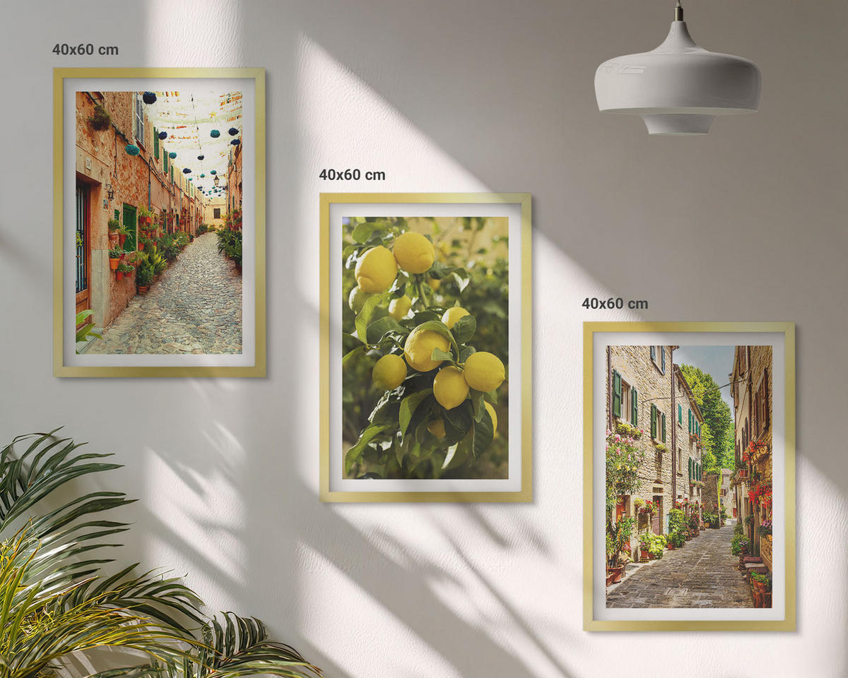 WANDBILDER 3er Set - 40x60 cm Goldrahmen - Straßen mit Zitronenblüten im Hintergrund - Goldfarben, Kunststoff (40/60cm) - ArtPrintCave