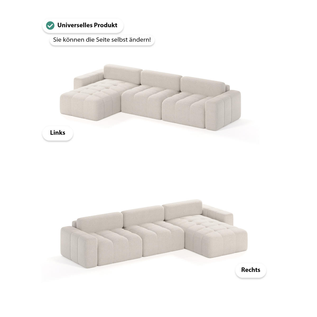 ECKSOFA Bouclé-Stoff 8 Sitzer Bornum So, Creme - Creme, Textil (346/170cm) - Meblito