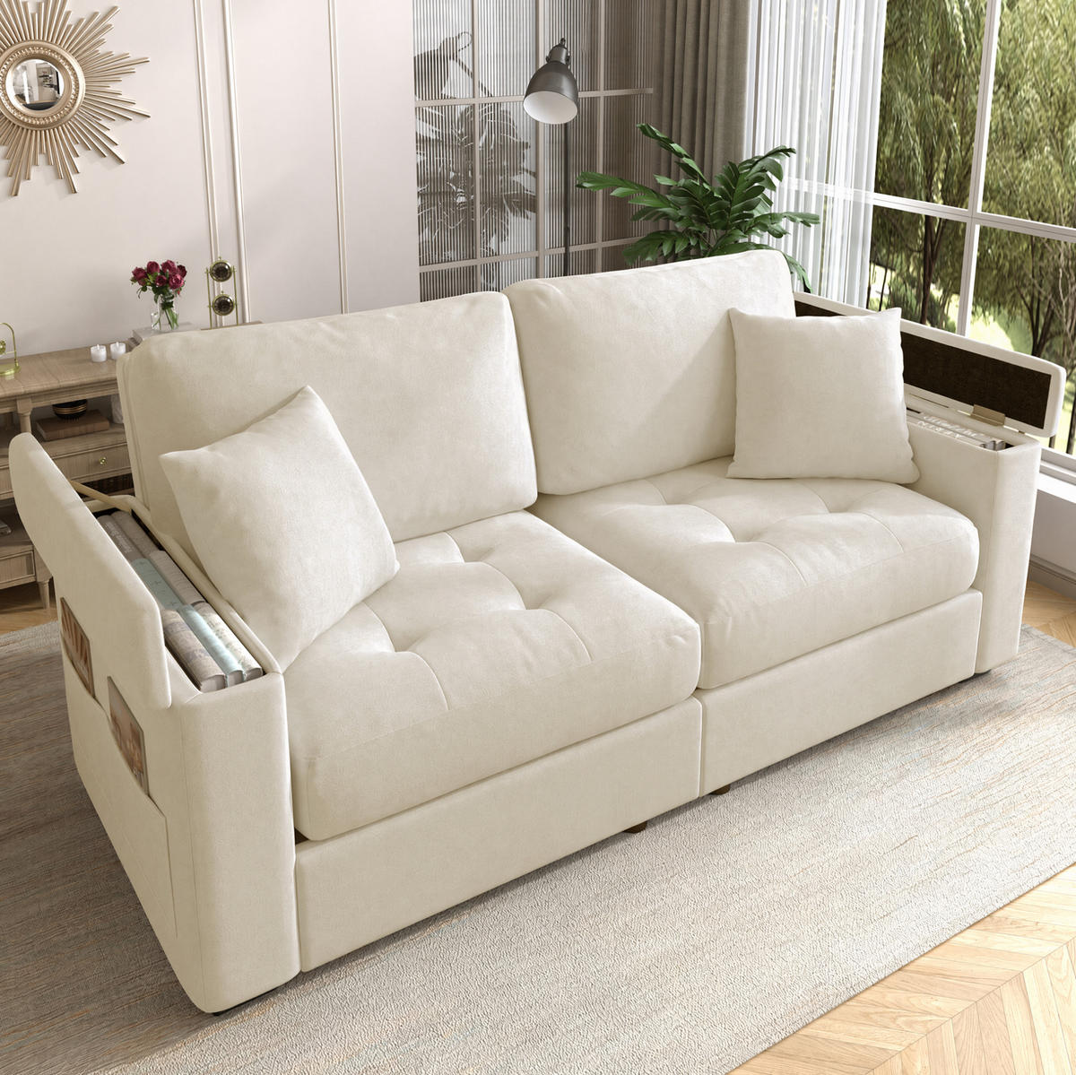 SOFA mit Stauraum 2-Sitzer Beige Chenille - Beige, Holzwerkstoff (180/84/81.5cm) - Meubliv