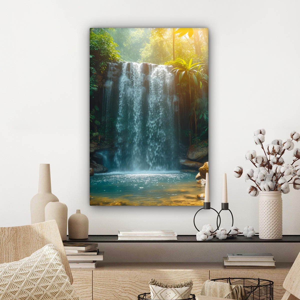 OBRAZ NA PLÁTNĚ Vodopád - Džungle - Slunce - Zelená - Příroda 40x60 cm - zelená barva, textil (40/60cm) - MuchoWow