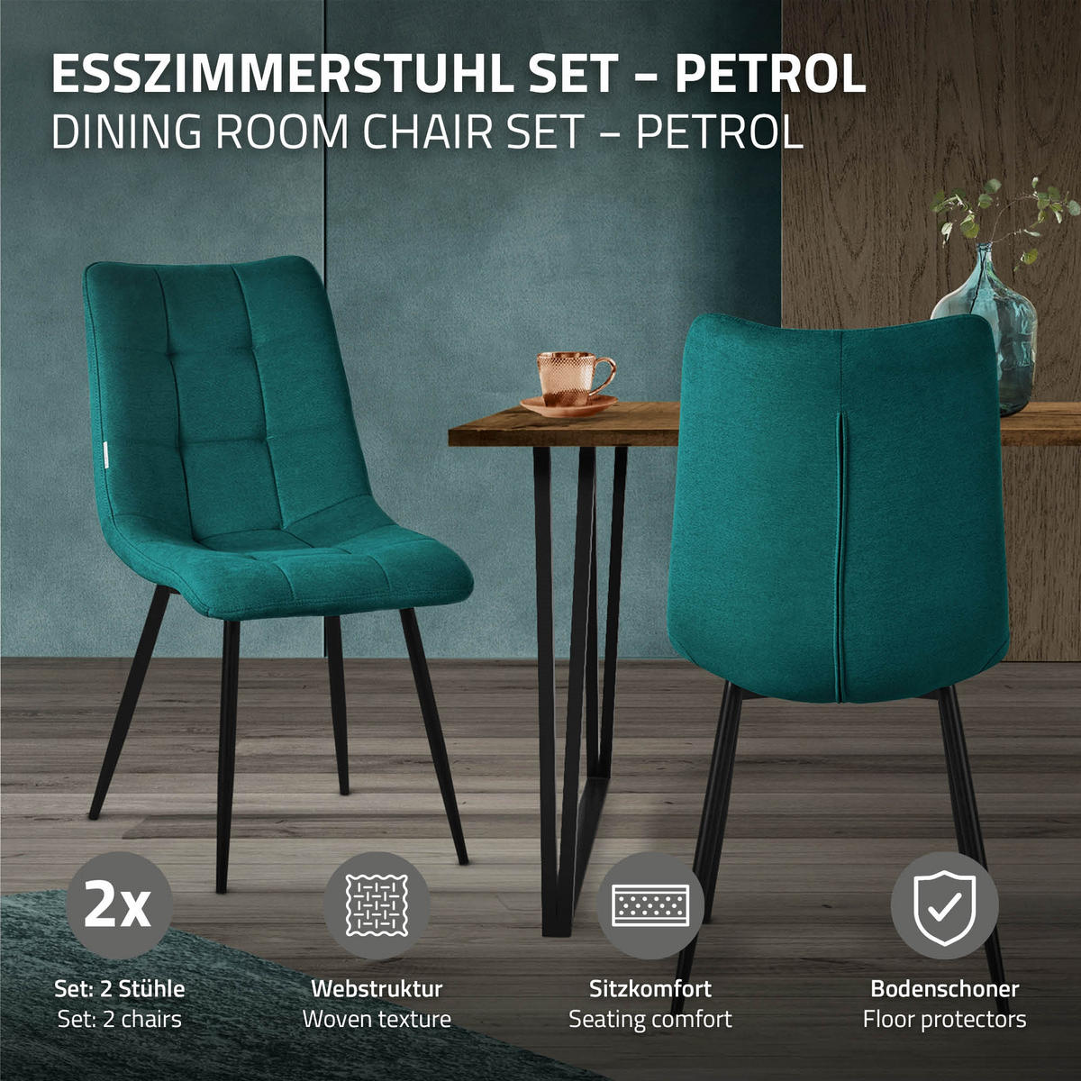 ESSZIMMERSTÜHLE 2ER-SET Petrol Stoffbezug - Petrol/Schwarz, Textil/Metall (49/89/60.5cm) - ML-DESIGN