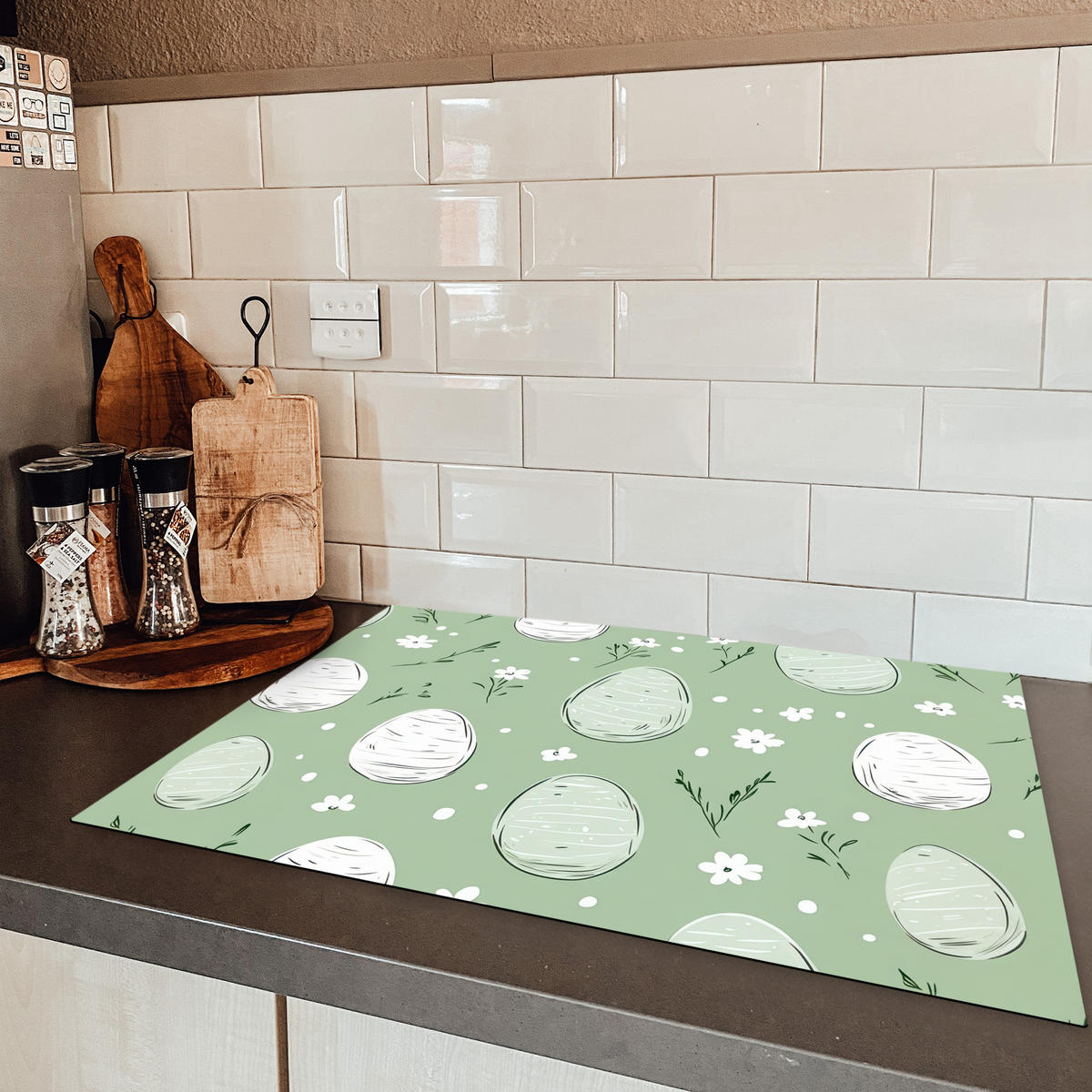 HERDABDECKPLATTE Grün - Eier - Muster Herdabdeckung Induktionsfeld 75x52 cm - Waldgrün, Kunststoff (75/52/0.2cm) - MuchoWow