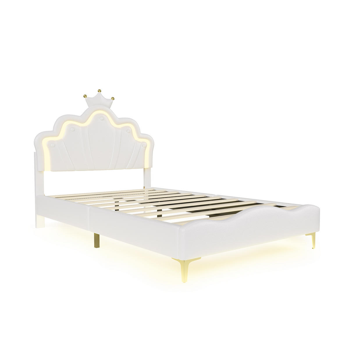 ČALÚNENÁ posteľ 140x190 cm s LED osvetlením, korunou a PU poťahom, biela - biela, kov (140/190cm) - EuroLiving