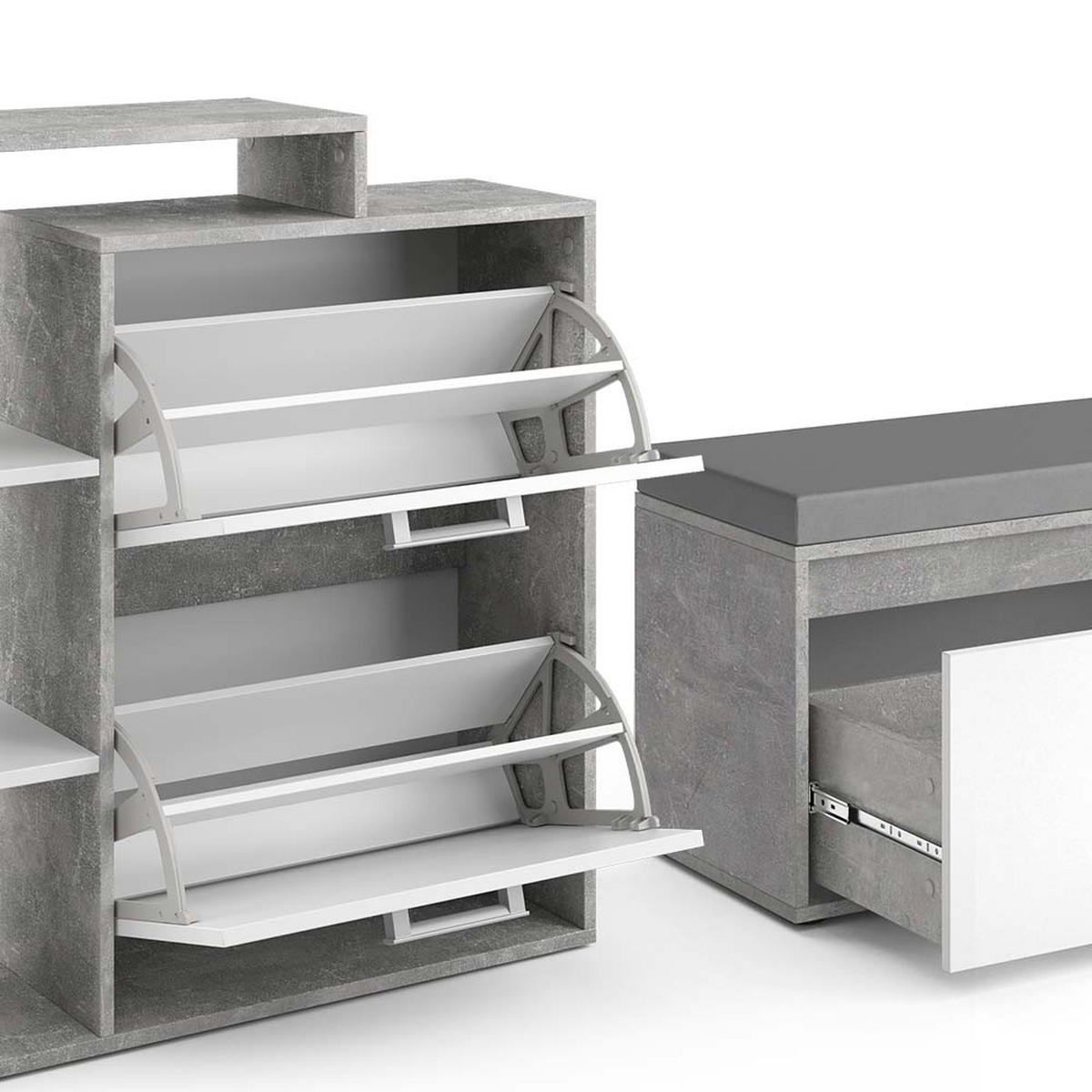 SCHUHKIPPER Orlando Beton 2 Teile, mit Sitzbank - Weiß/Grau, Holzwerkstoff (80/90/39cm) - Vicco