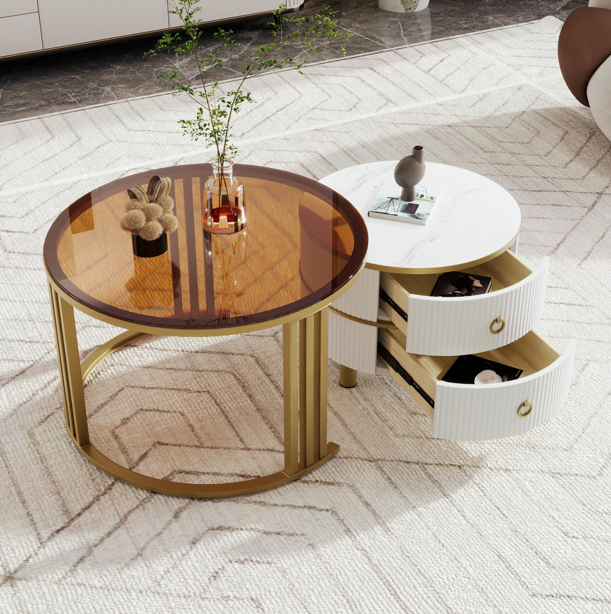 COUCHTISCH-SET 70/70/45 + 50/50/40 cm mit 2 Schubladen und Glasplatte - Weiß, Holzwerkstoff (70/70/45cm) - Flora Grace