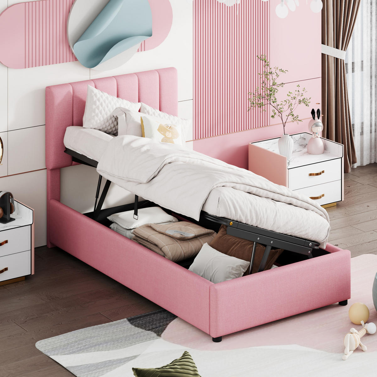 POLSTERBETT mit Bettkasten 90/200 cm in Rosa mit verstellbarem Kopfteil - Pink, Textil (90/200cm) - BEAOK