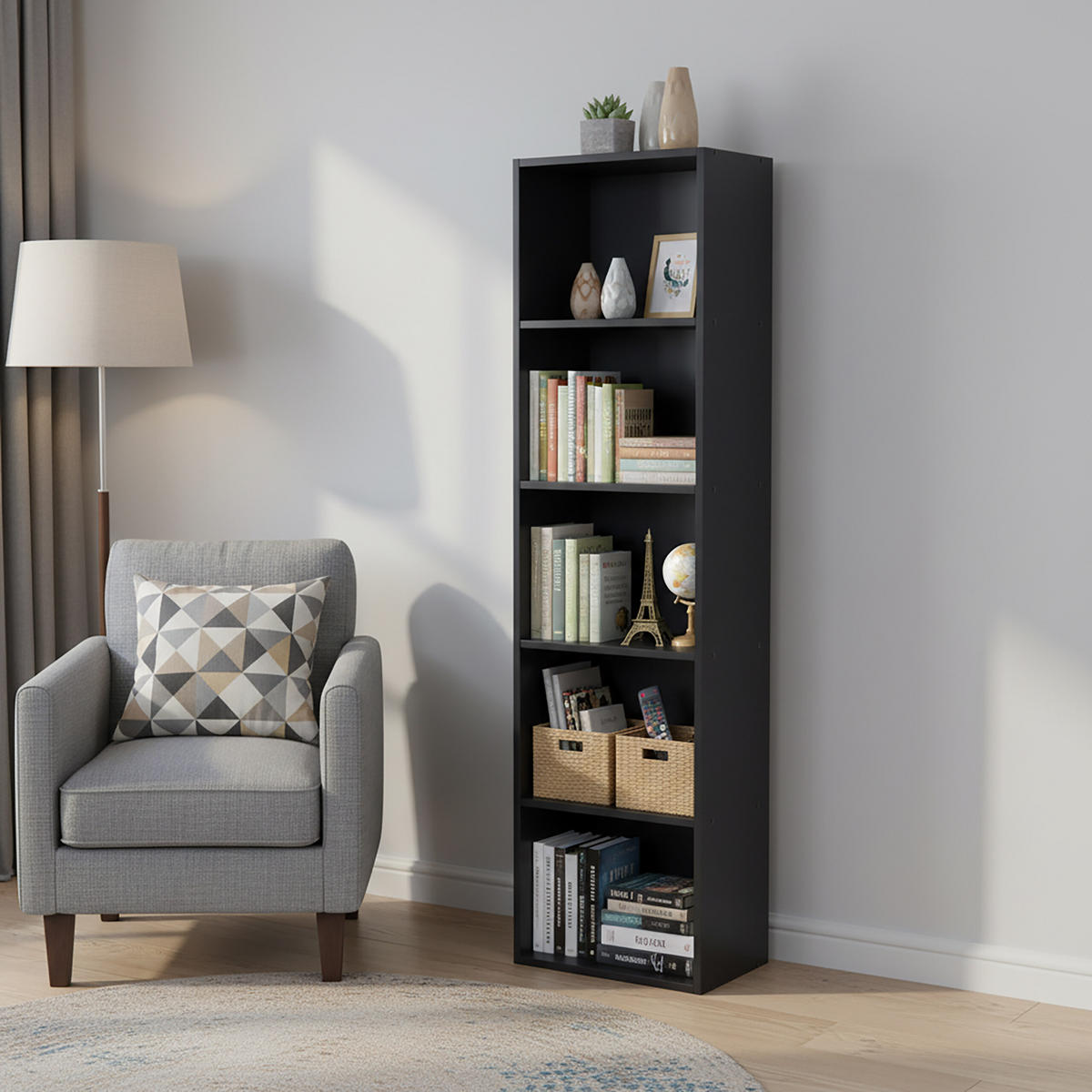 BÜCHERREGAL - Schwarz, Holzwerkstoff/Textil (32/132/24cm) - Relaxdays