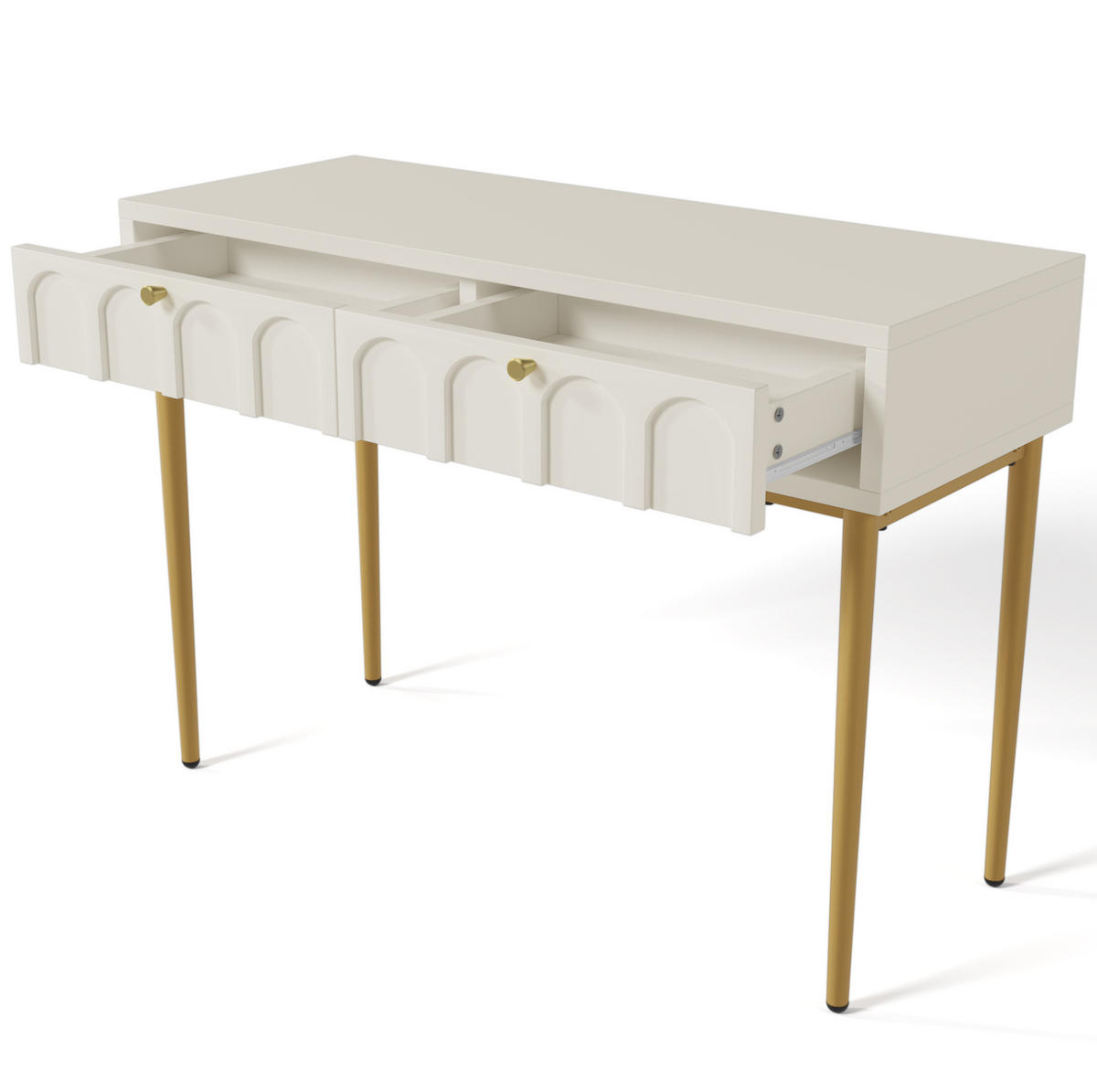 SCHMINKTISCH aus Holz und Metall 100x45x76,5 cm Creme-Weiß mit 2 Schubladen und gewölbten Fronten - Weiß, Holzwerkstoff (100/76.5/45cm) - Modfu